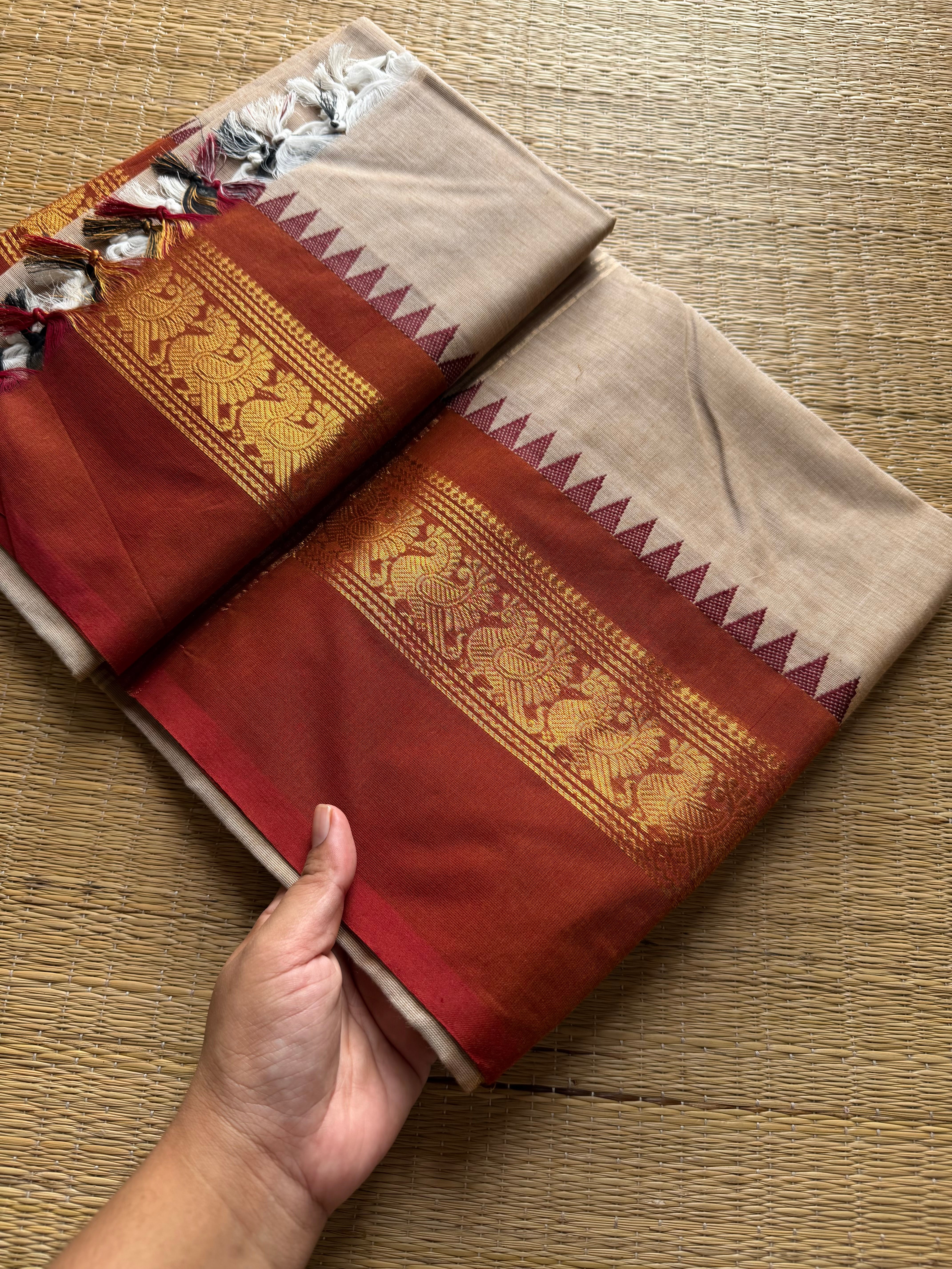Cream shade Kanchi cotton saree with Ganga Jamuna border