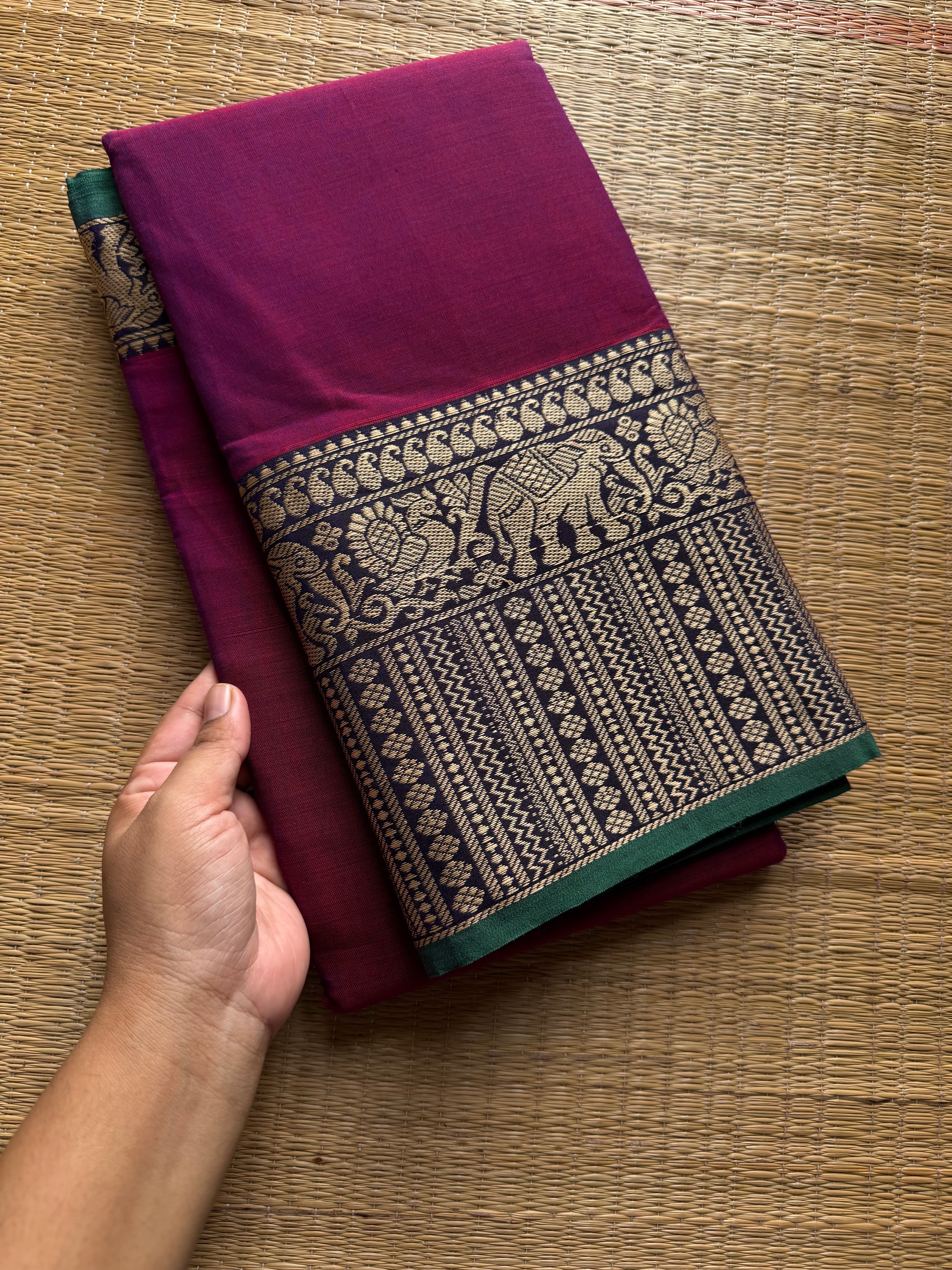 RF1434 Magenta pink ~ Mercerised Narayanpet big thread border soft cotton saree