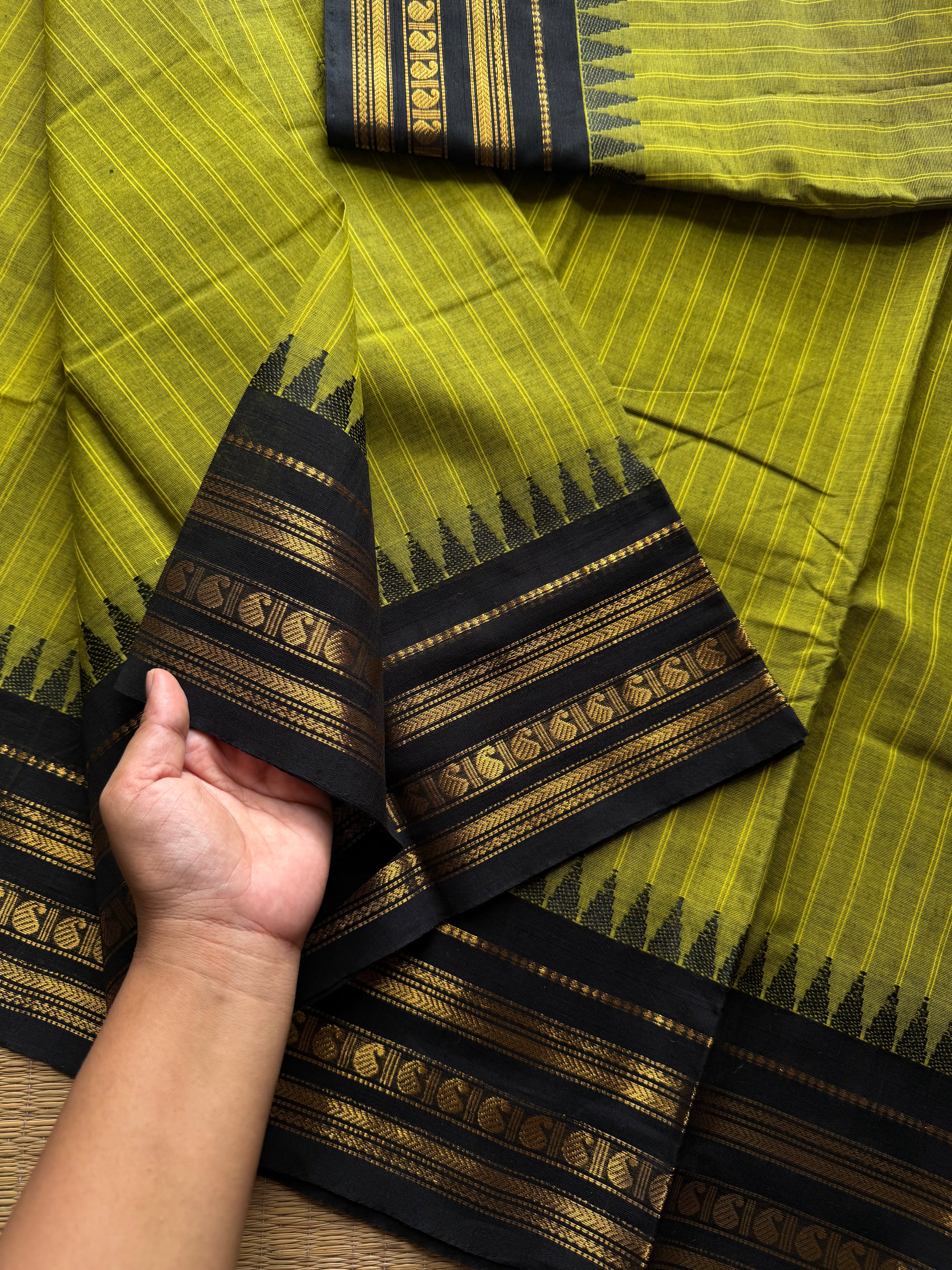 RF926 Green with black combination Kanchi cotton saree with vertical stripes pattern