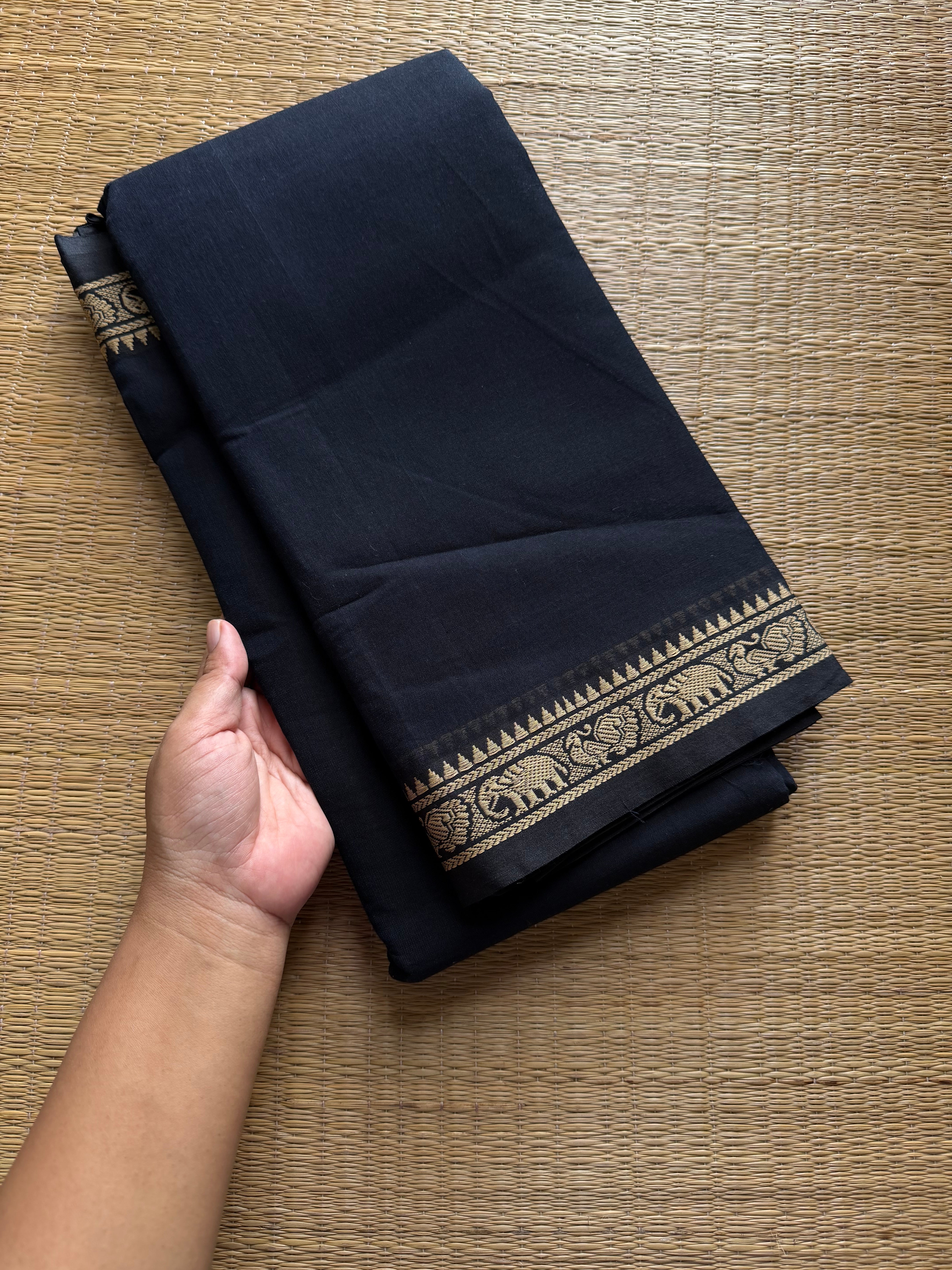 RF820 Black Narayanpet Mercerised cotton saree with small border