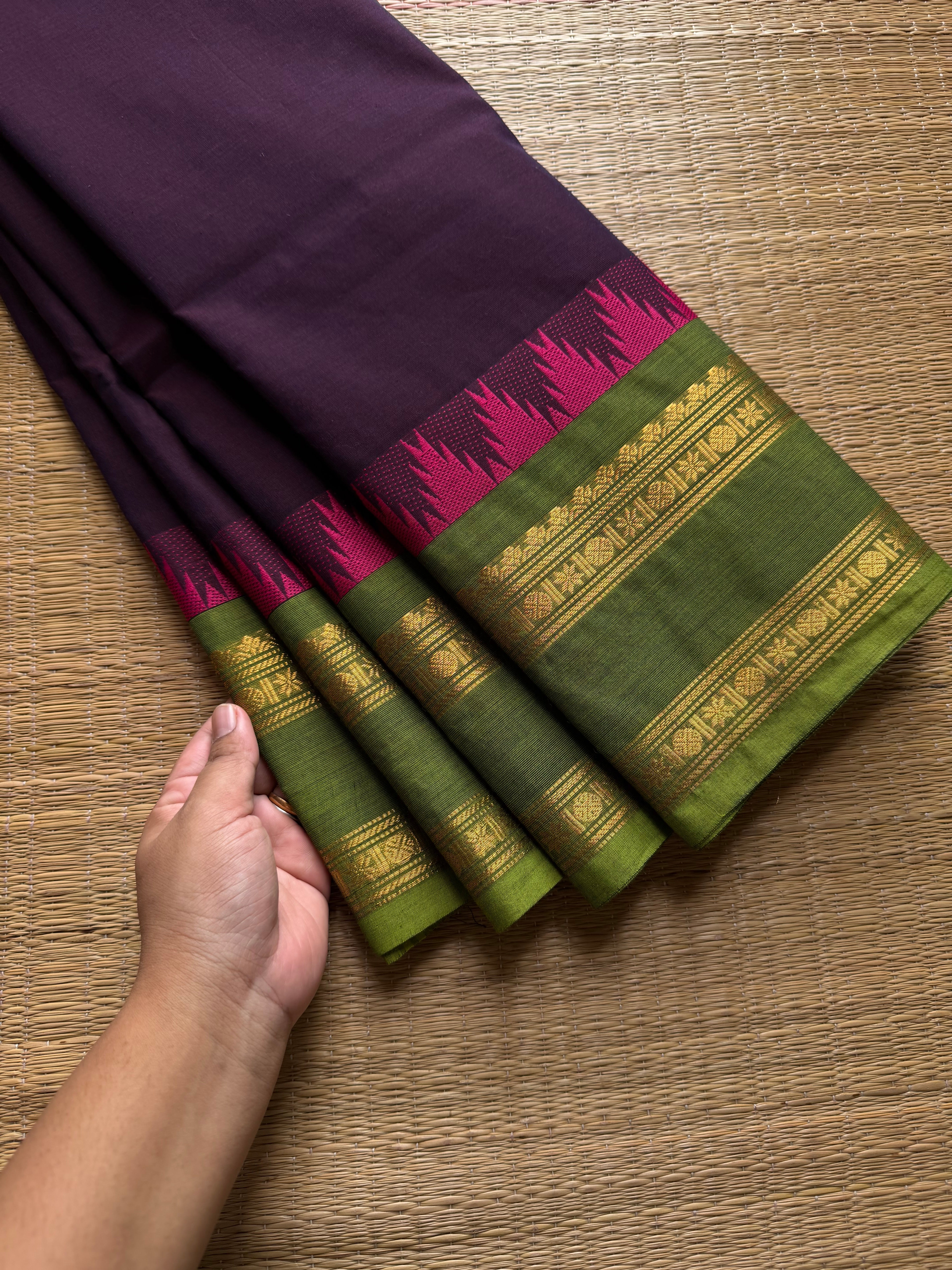 RF541 Dark wine shade Kanchi cotton saree with contrast Thazhampoo pattern gap border