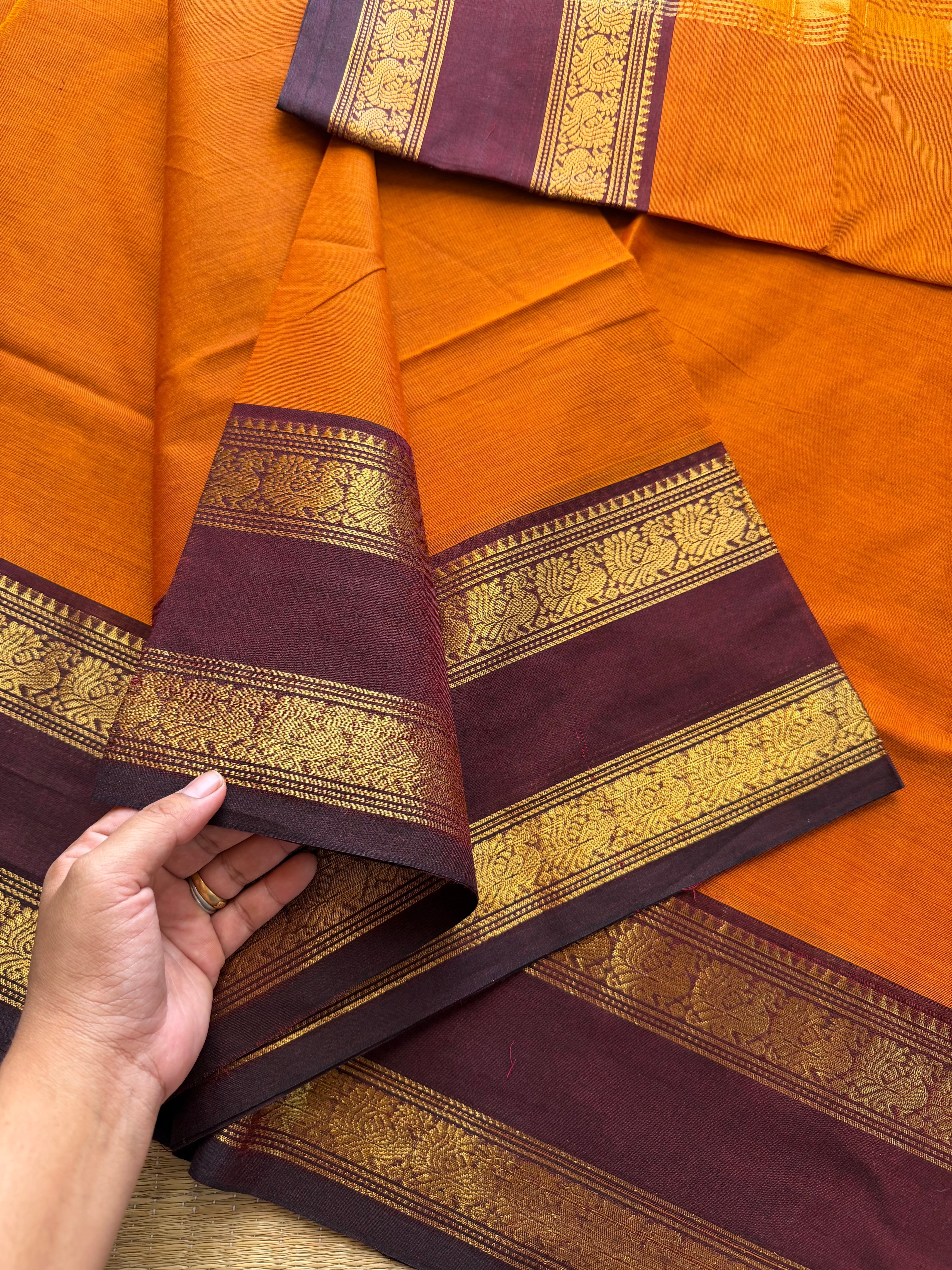 RF244 Orange with brown combination silk saree inspired Kanchi cotton Rettapet border saree with Annam pattern
