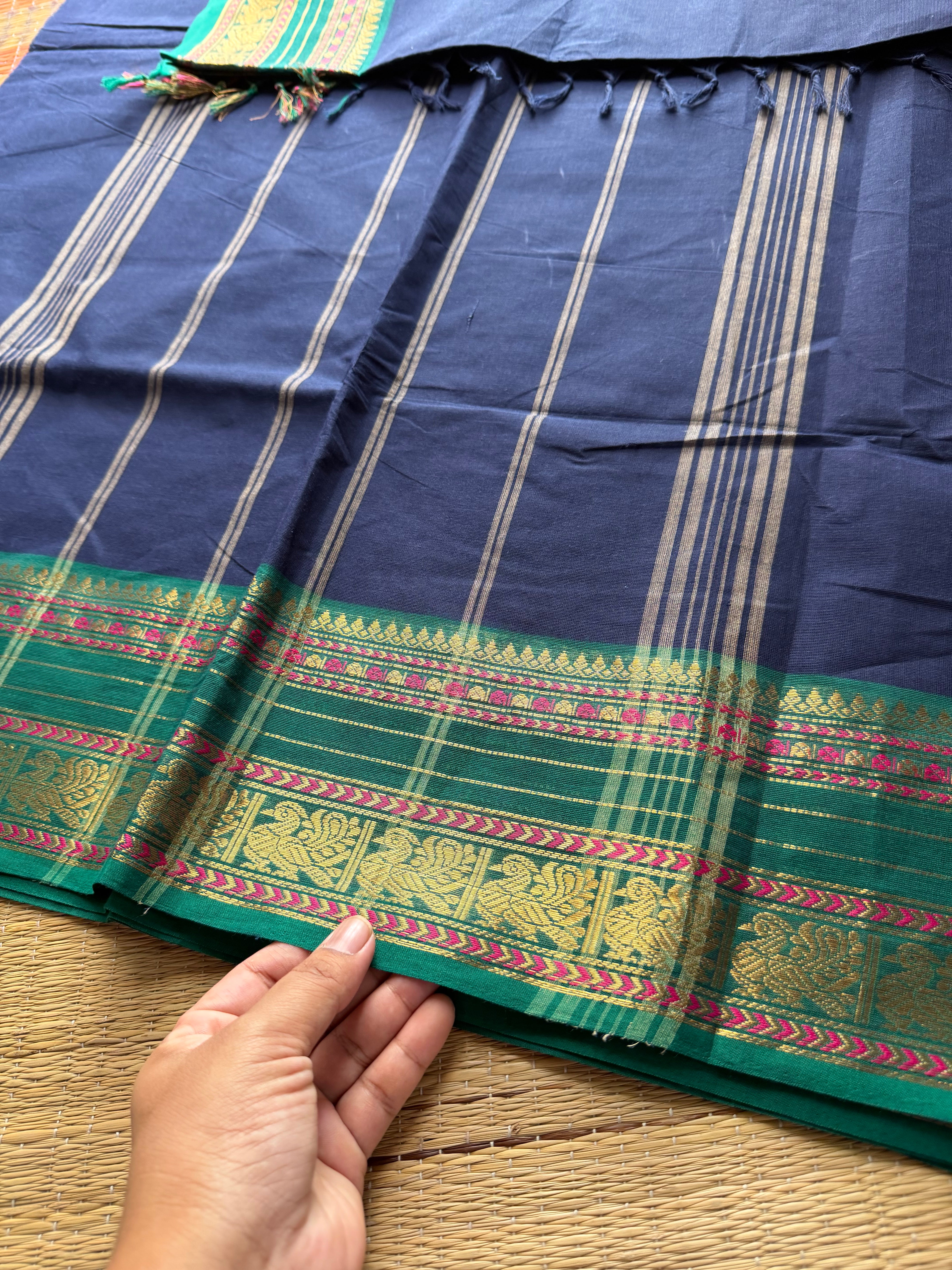 RF274 Navy Blue with green combination Kanchi cotton saree with silk saree inspired border
