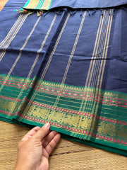 RF274 Navy Blue with green combination Kanchi cotton saree with silk saree inspired border