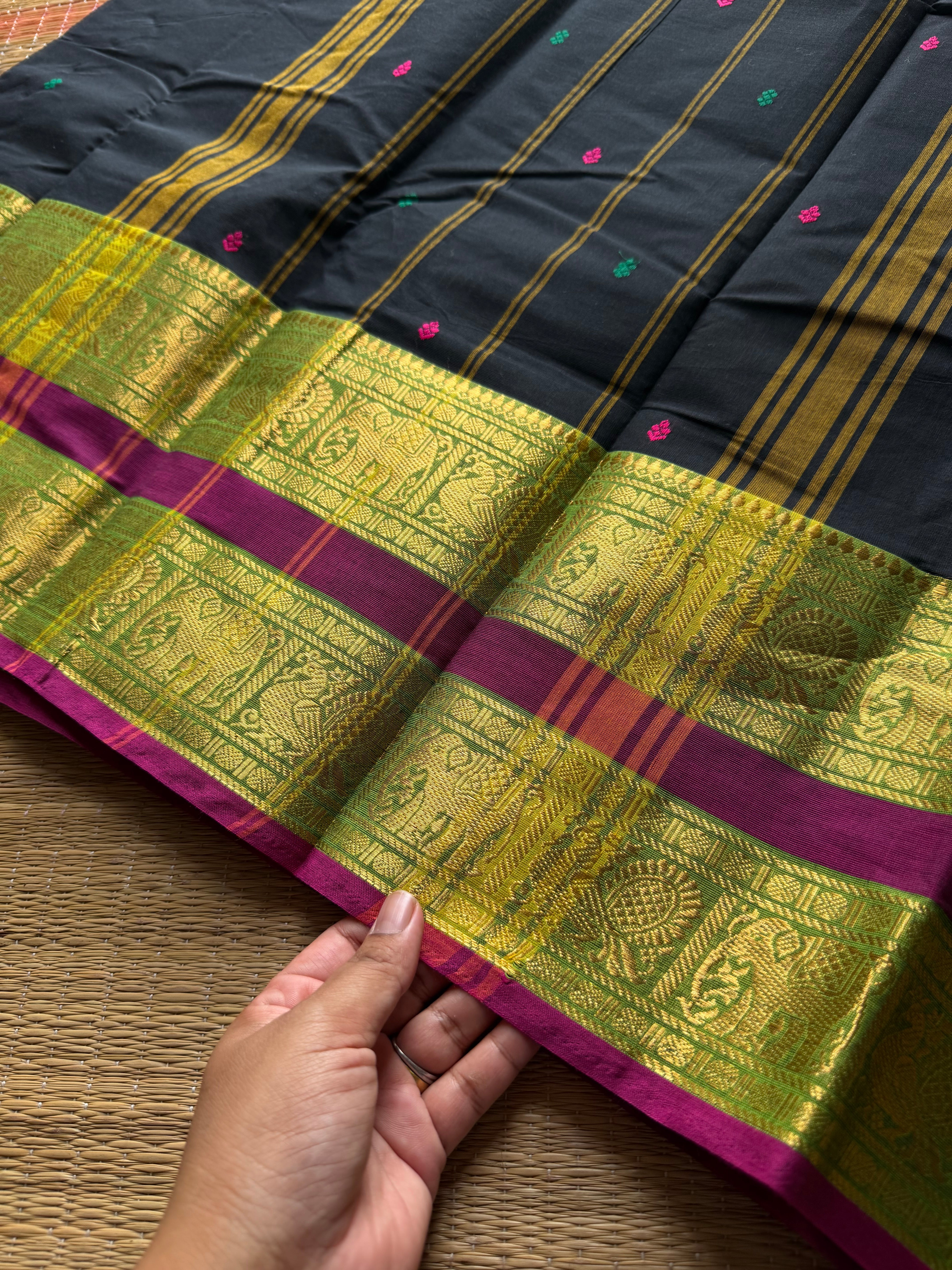 RF854 Black Kanchi cotton saree with Rettapet border and handmade thread buttas