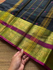 RF854 Black Kanchi cotton saree with Rettapet border and handmade thread buttas