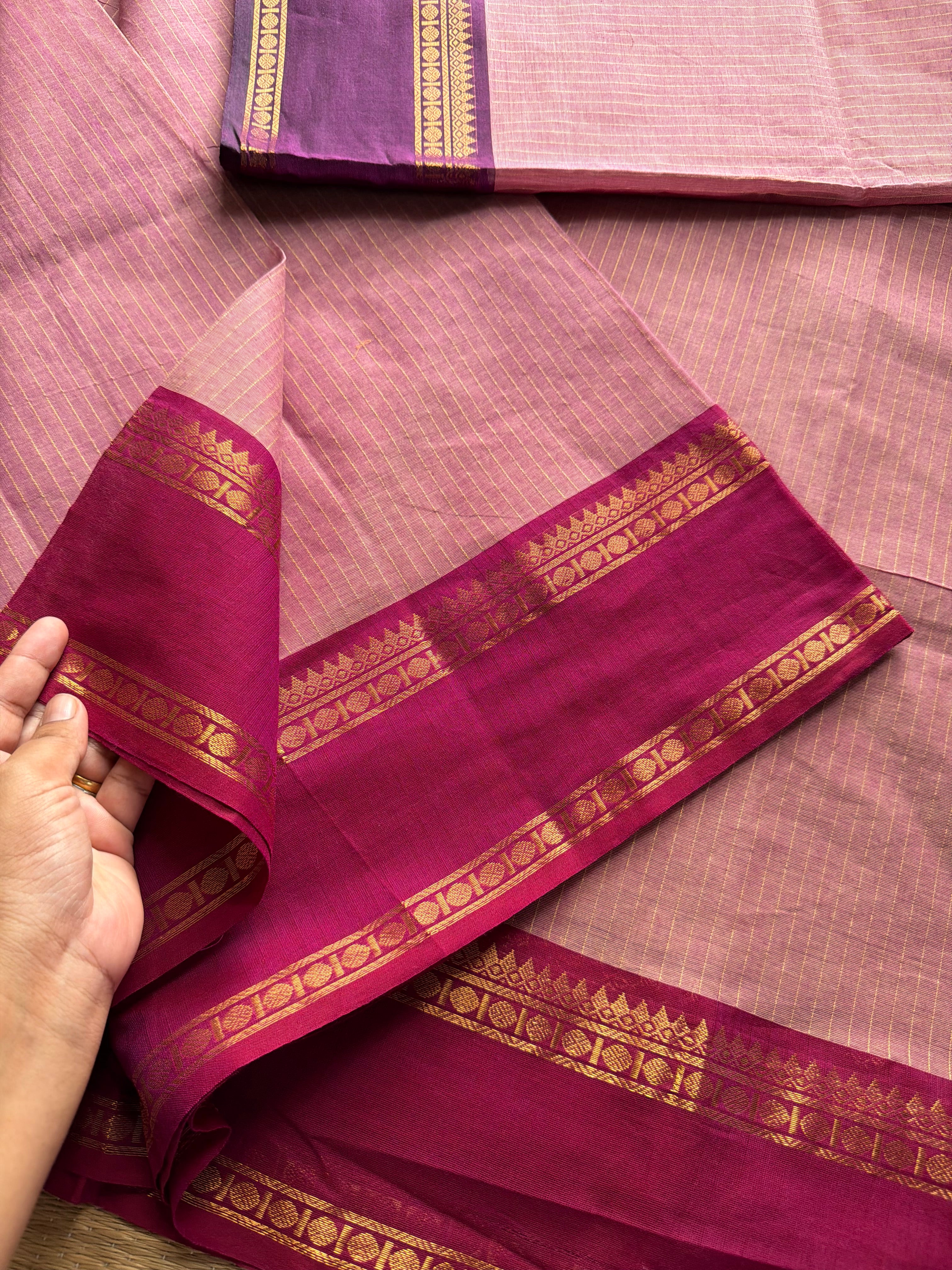 RF213 Pastel onion Pink Shade Kanchi cotton saree with golden Vaira Oosi pattern and unique dark pink and deep purple combination Ganga Jamuna Rettapet Border