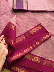 RF213 Pastel onion Pink Shade Kanchi cotton saree with golden Vaira Oosi pattern and unique dark pink and deep purple combination Ganga Jamuna Rettapet Border