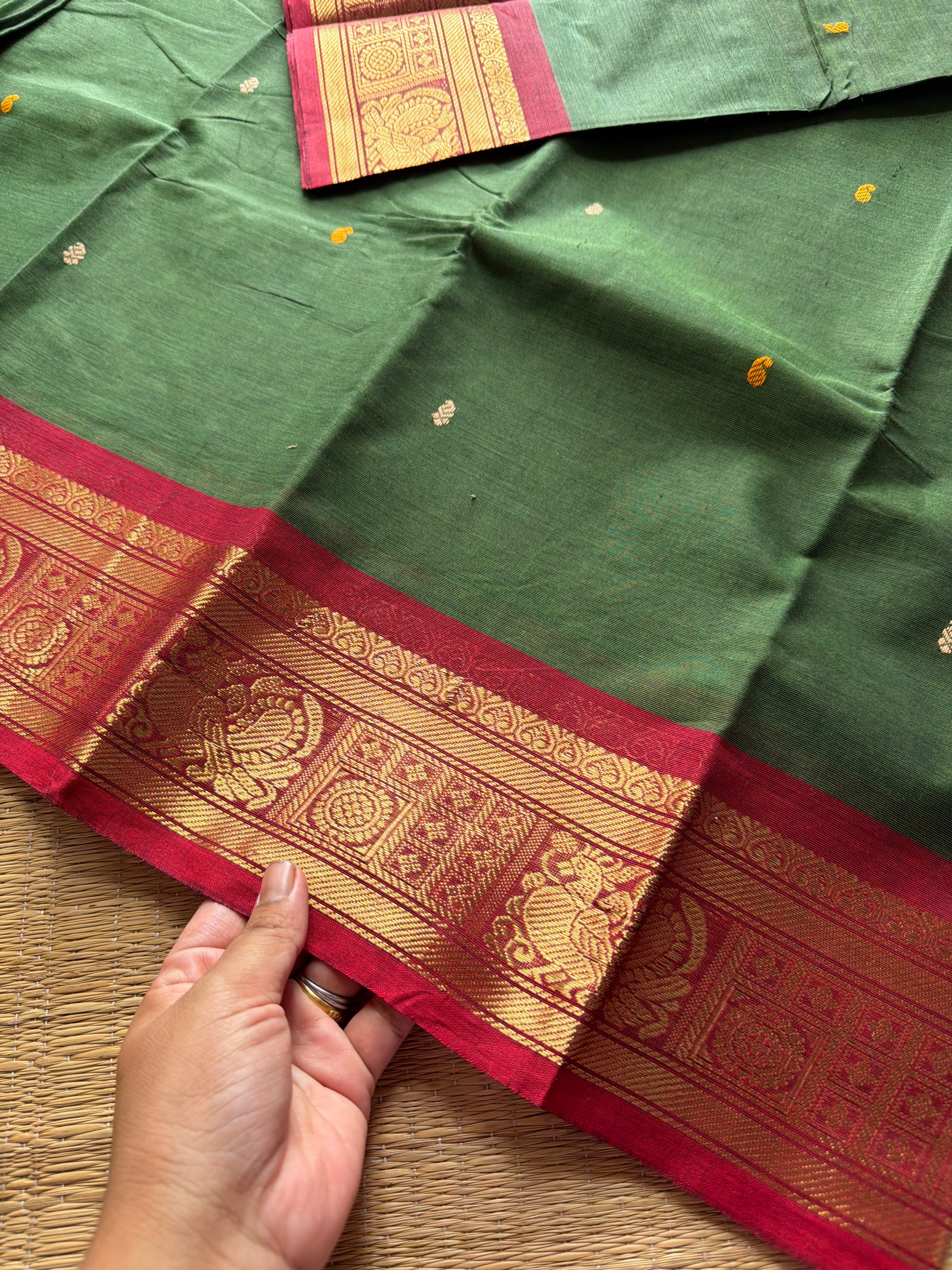 RF608 Green with red combination Kanchi cotton saree with handmade thread buttas