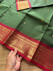 RF608 Green with red combination Kanchi cotton saree with handmade thread buttas