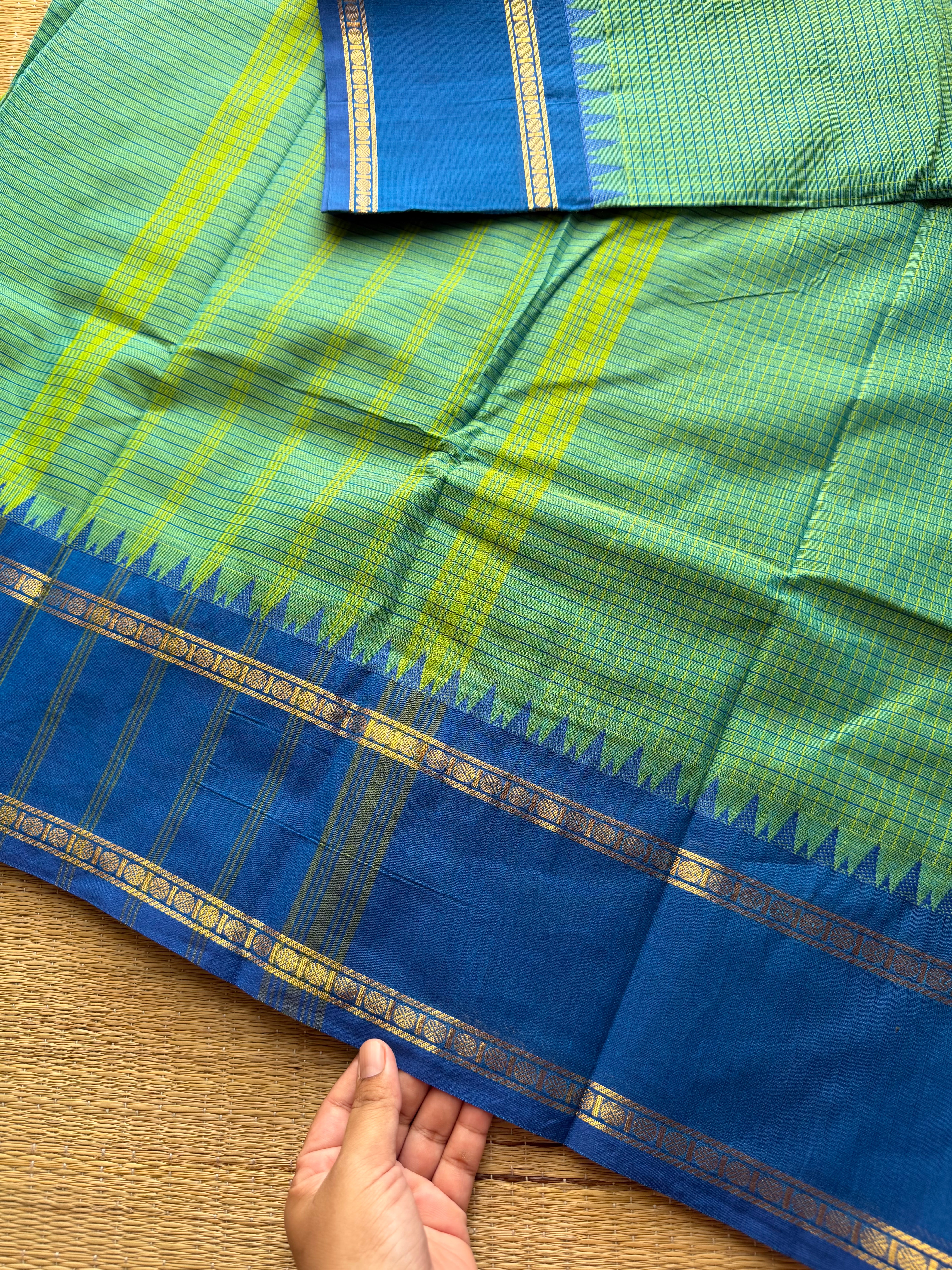 RF400 Dual tone sea green with contrast royal blue combination PodiKattam Kanchi Cotton saree with vintage Rettapet border
