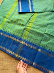RF400 Dual tone sea green with contrast royal blue combination PodiKattam Kanchi Cotton saree with vintage Rettapet border