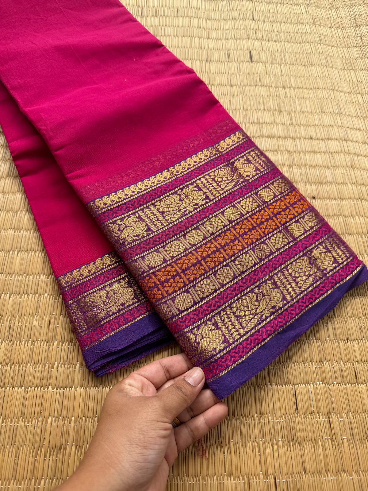 RF141 Deep pink shade Kanchi cotton saree with purple shade varisaipet border