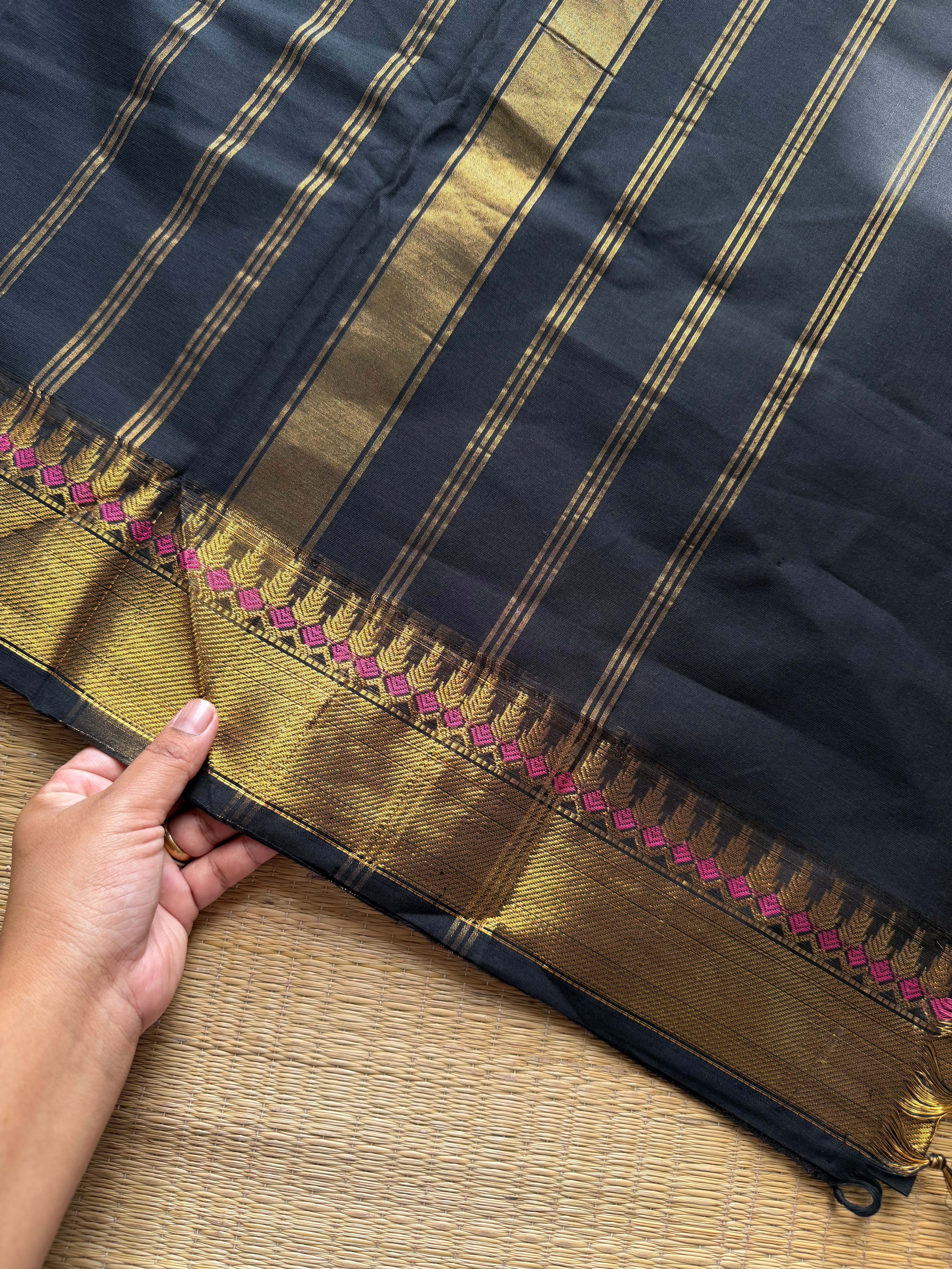 RF1117 Monotone Black Kanchi Cotton Saree