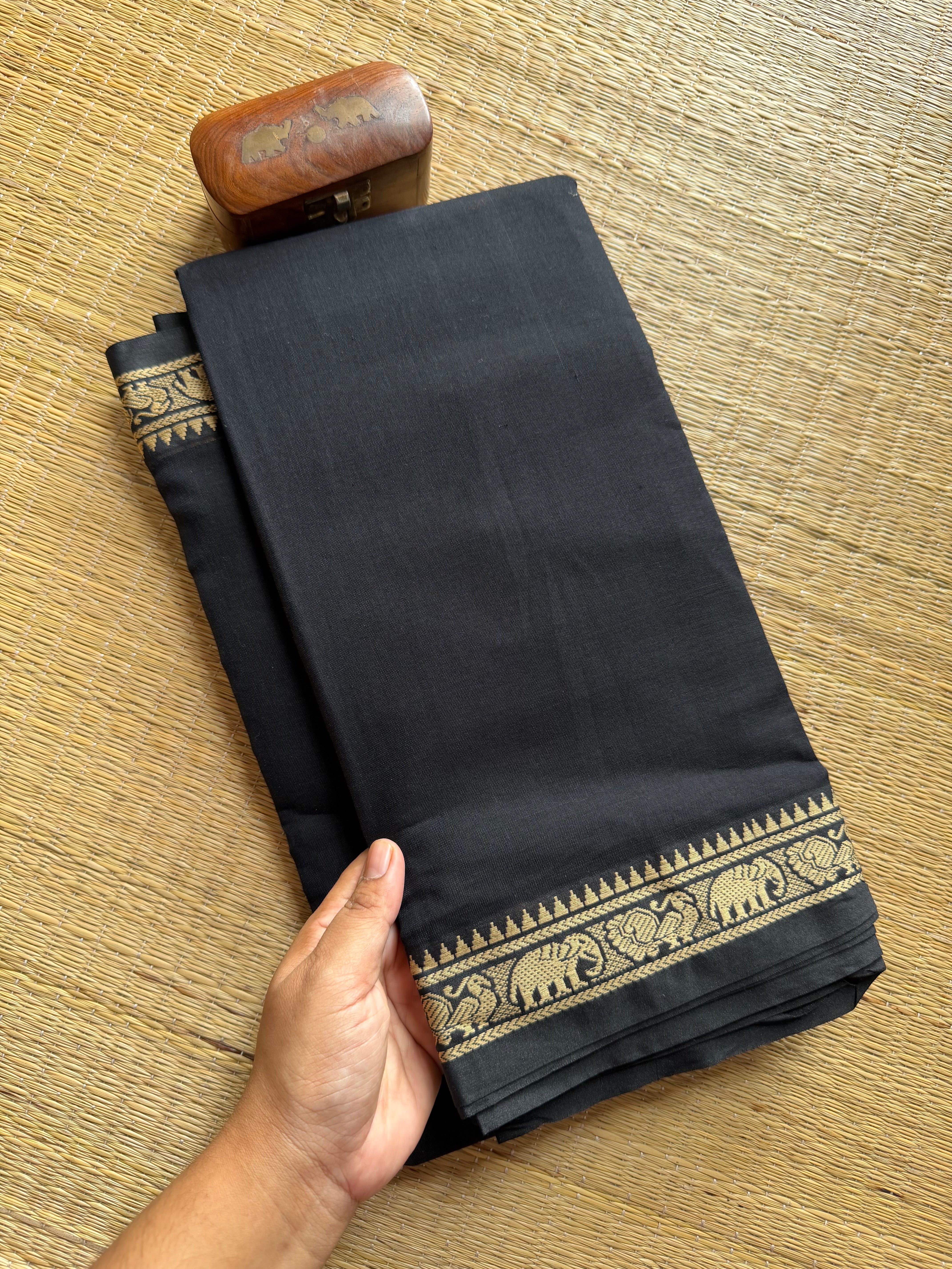 RF311 Monotone Black shade Mercerised Narayanpet Cotton Saree With Small Annam and elephant pattern border