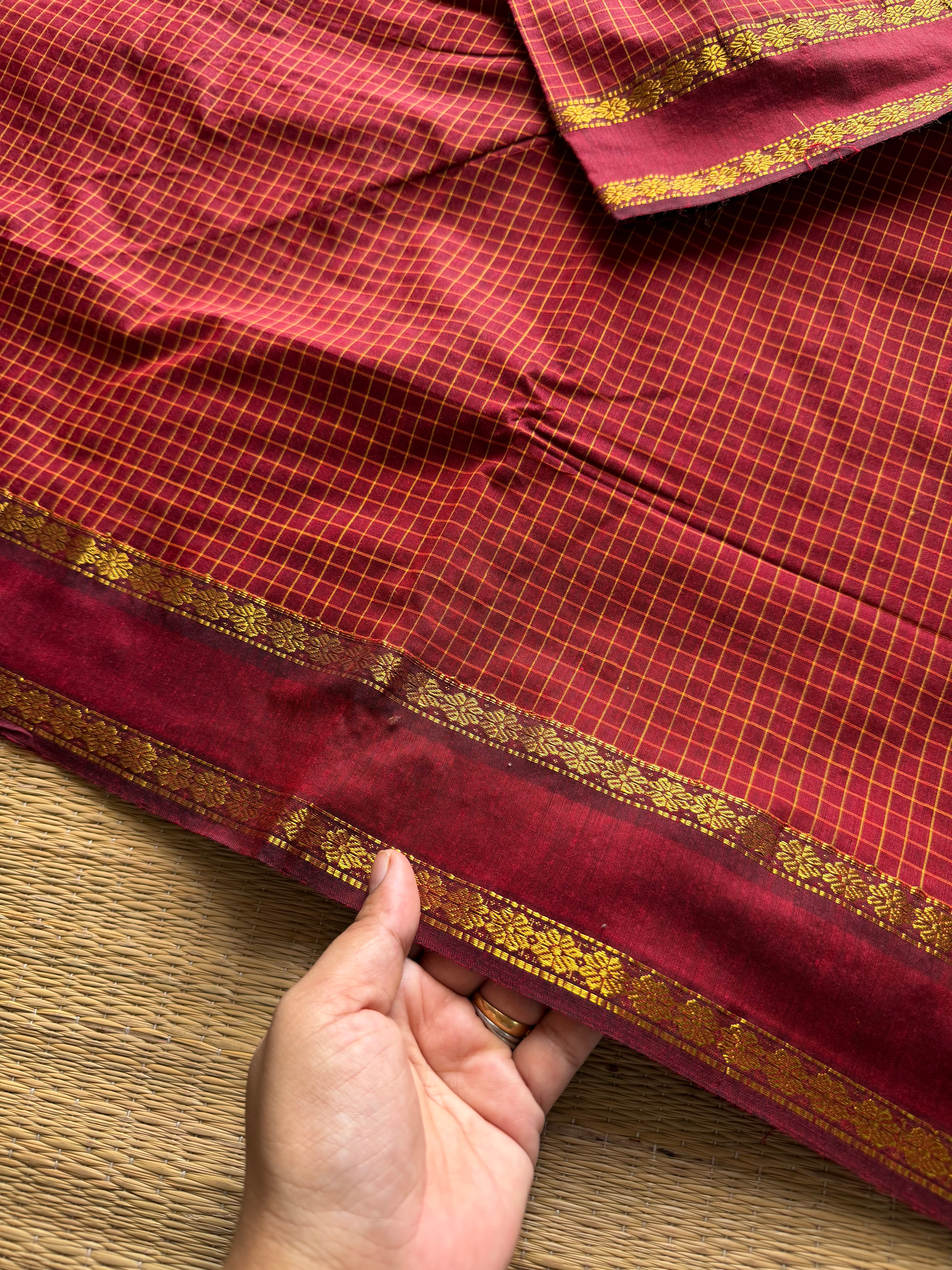 RF1217 Reddish maroon checks pattern Maheshwari semi silk cotton saree