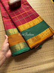 Maroon Shade Yazhi & Annam Pattern Ganga Jamuna Border Kanchi Cotton Saree