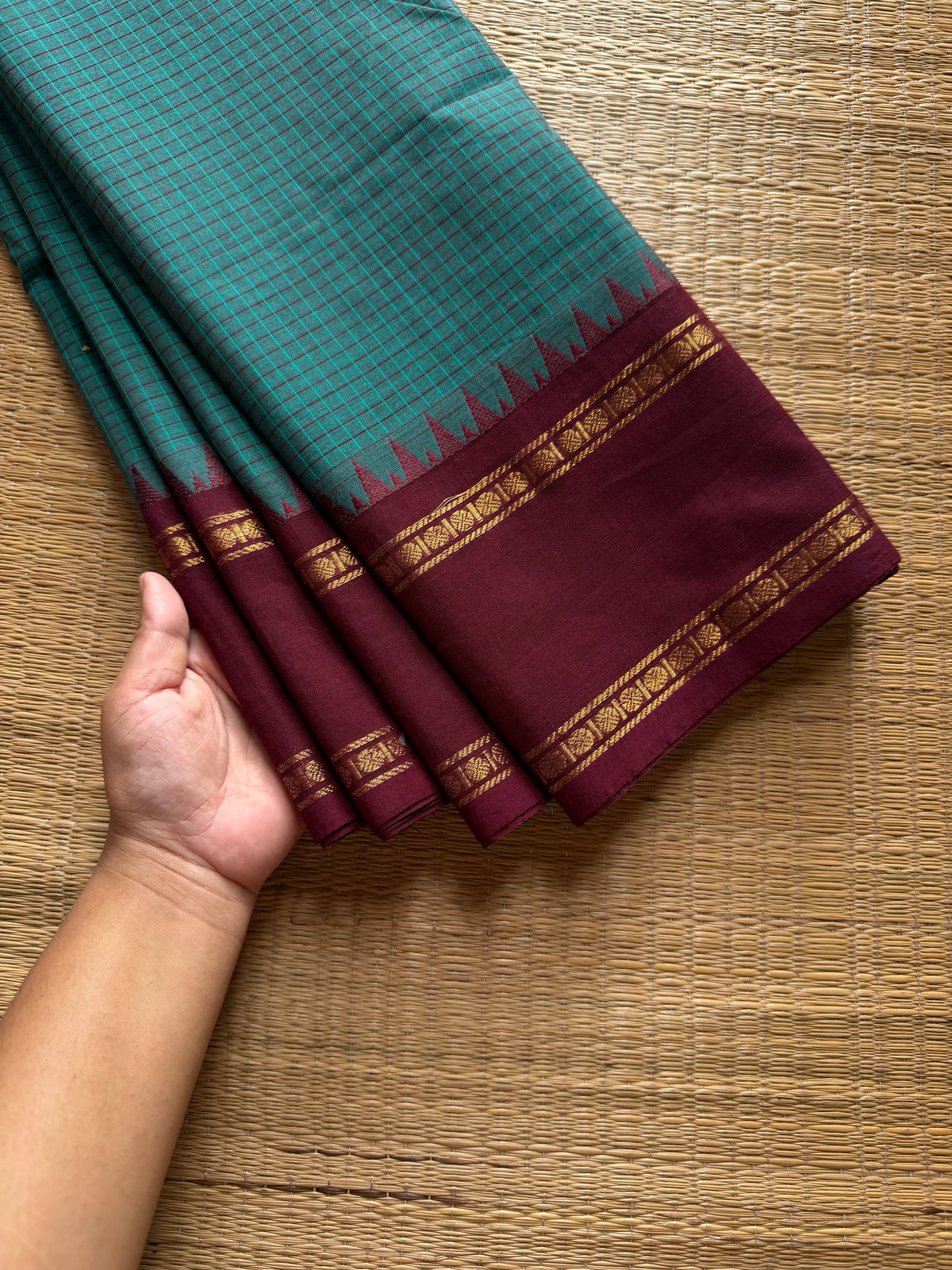 RF1295 Vintage Podi Kattam Kanchi Cotton Saree ~ Teal blue with brown