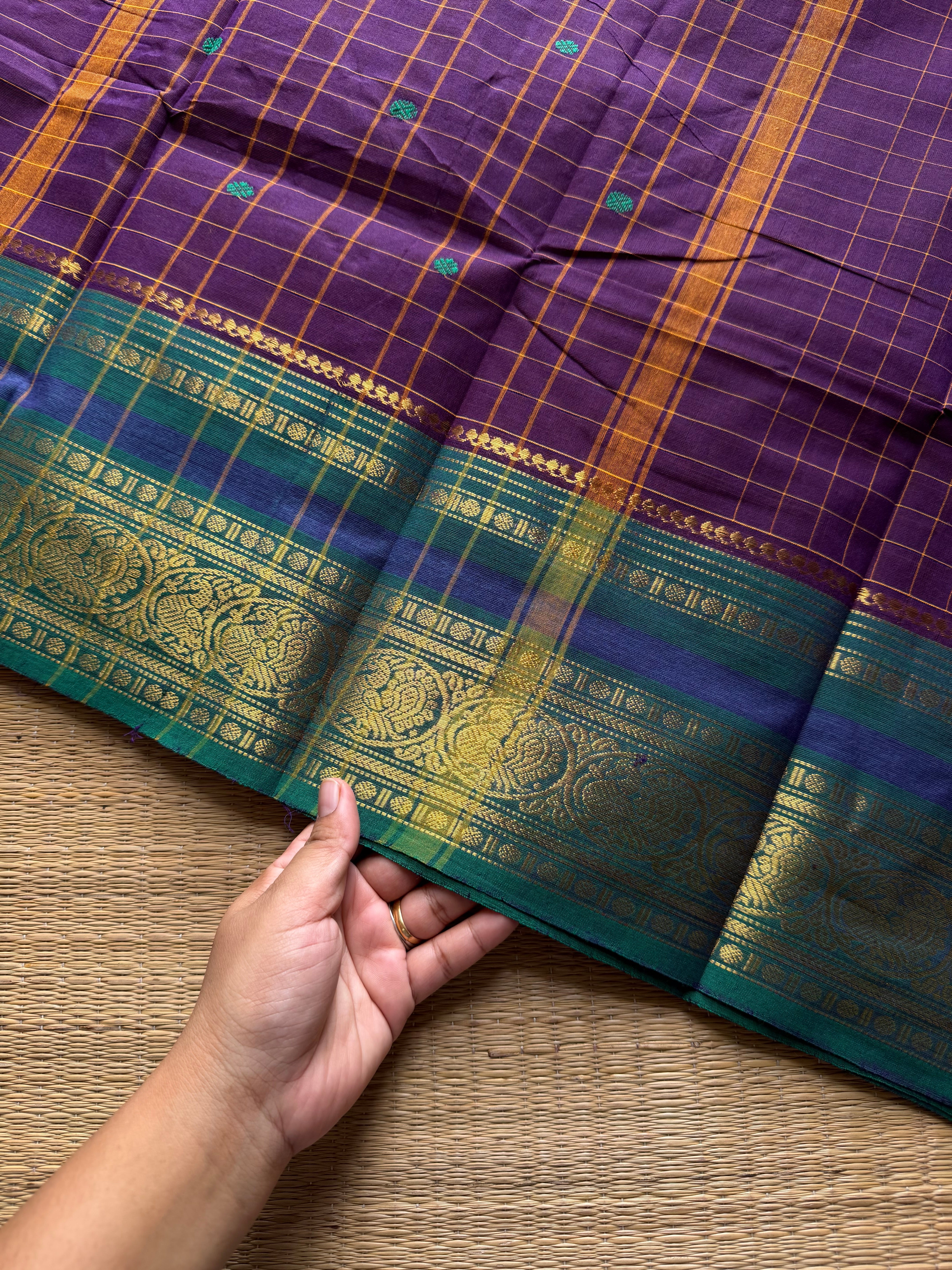 RF1242 Purple ~ Vintage Kattam Kanchi cotton saree with handmade thread buttas