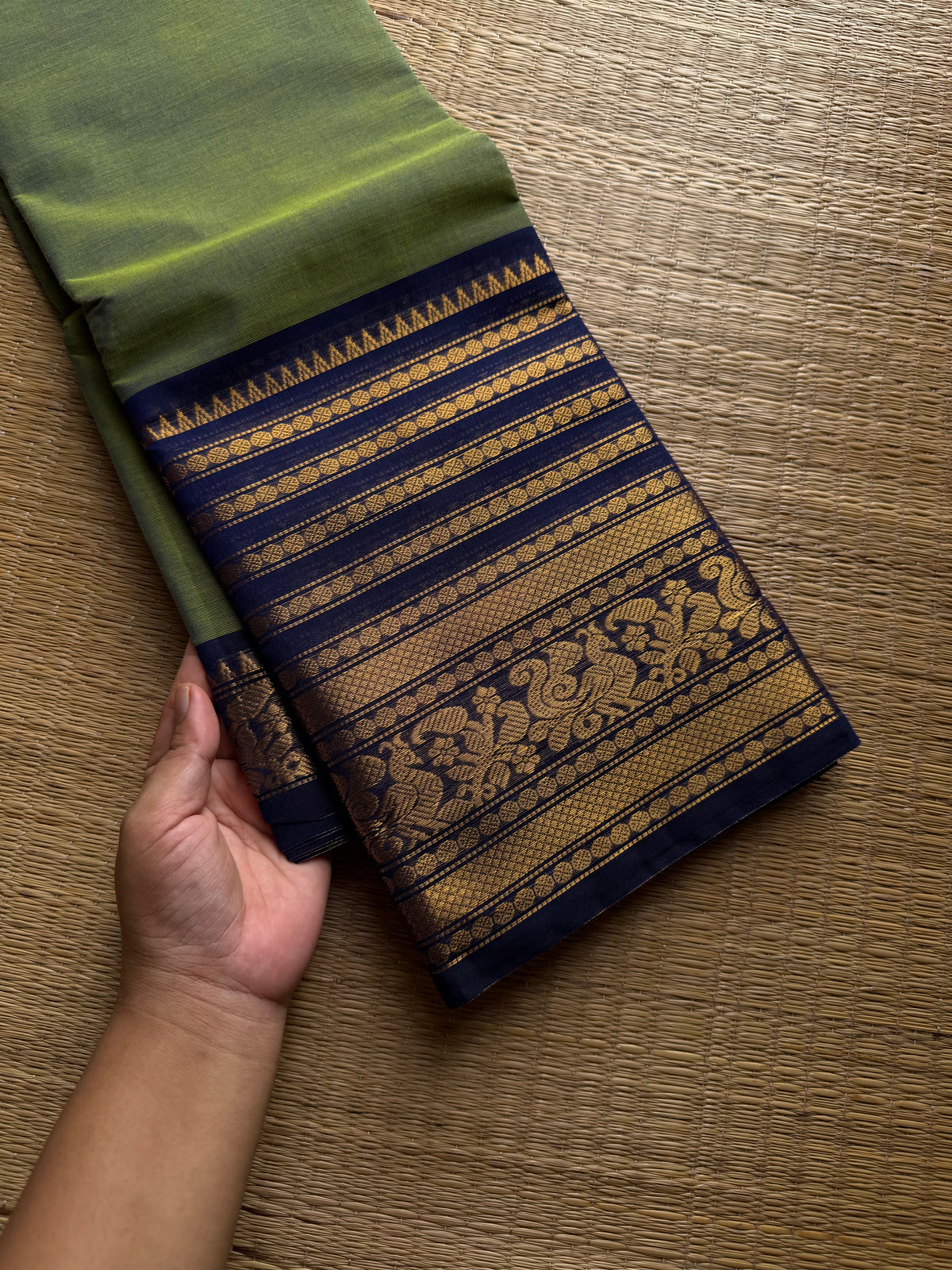 RF1037 Dual tone apple green with blue combination ~ Silk Saree Inspired Varisaipet big / long border Kanchi cotton saree