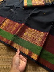 RF1254 Premium Rich Pallu Kanchi Cotton Saree ~Black shade with pink and green combination Annam & mango  pattern Zari woven border