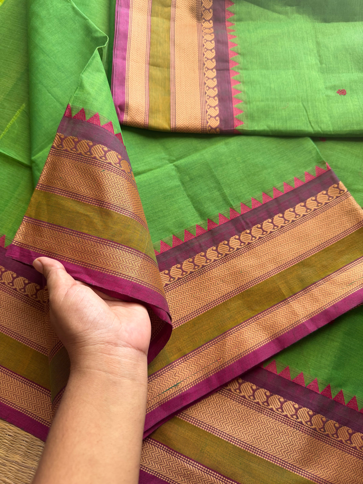 RF250 Green with magenta pink combination Kanchi cotton saree with elegant thread border and handmade thread buttas