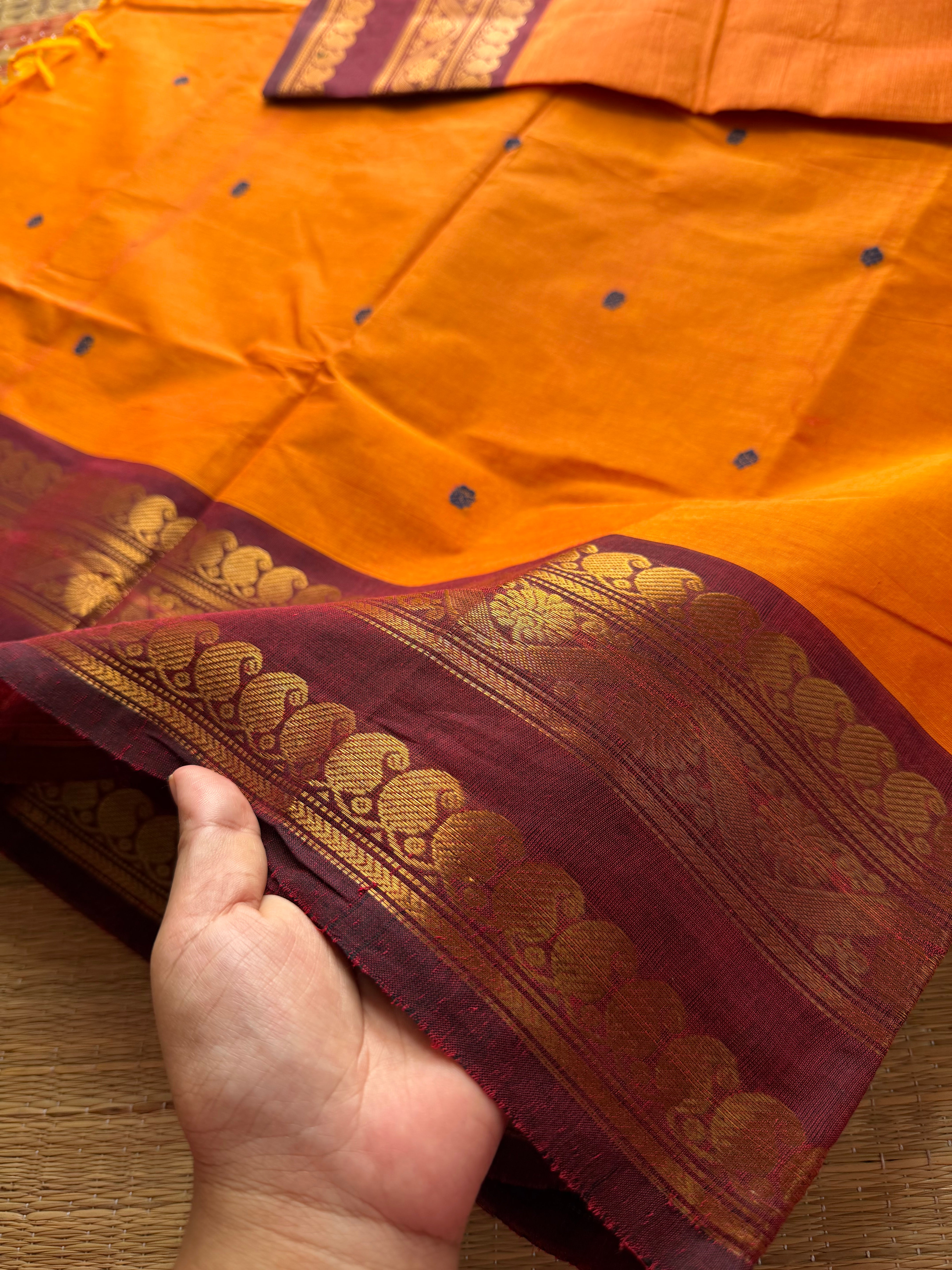 RF371 Orange with contrast maroon combination mango and floral pattern border Kanchi cotton saree with handmade Buttas