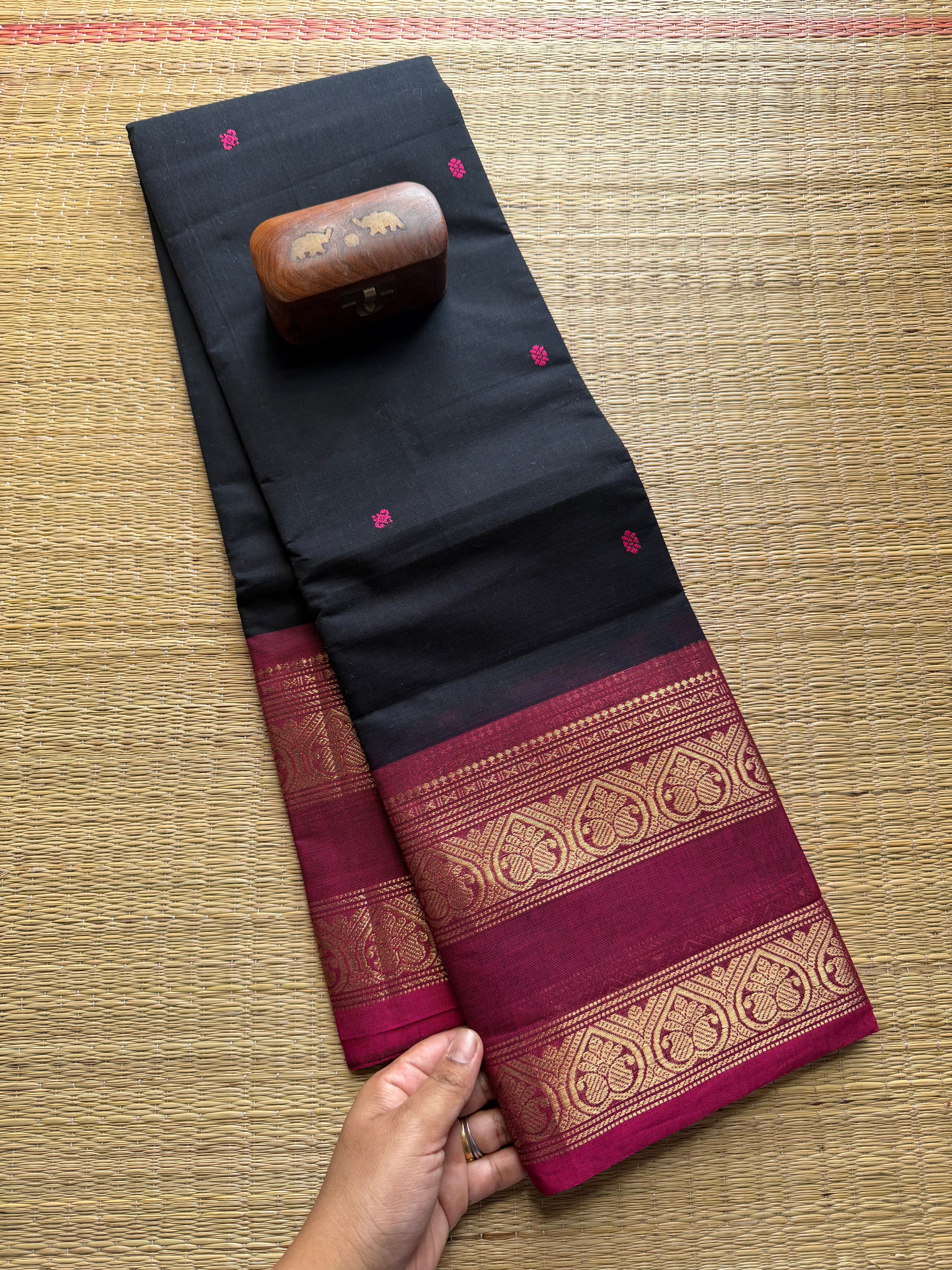 Black With Pink Retta Patta Kanchi Cotton Saree With Handmade Thread Buttas