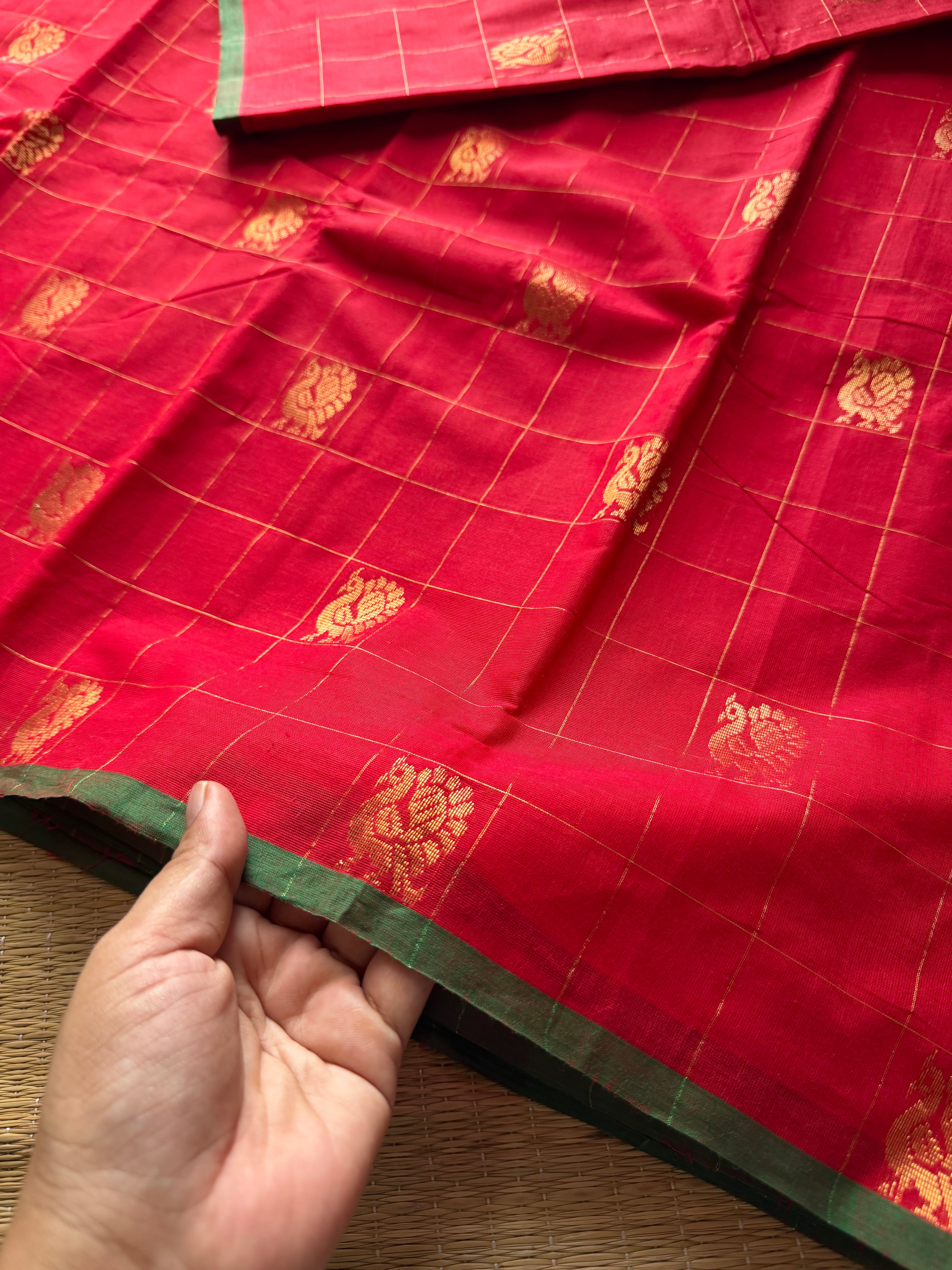 RF354 Red & Green Combination Premium Kanchi cotton saree with golden Zari checks pattern & Annam Buttas and intricate Zari woven Pallu
