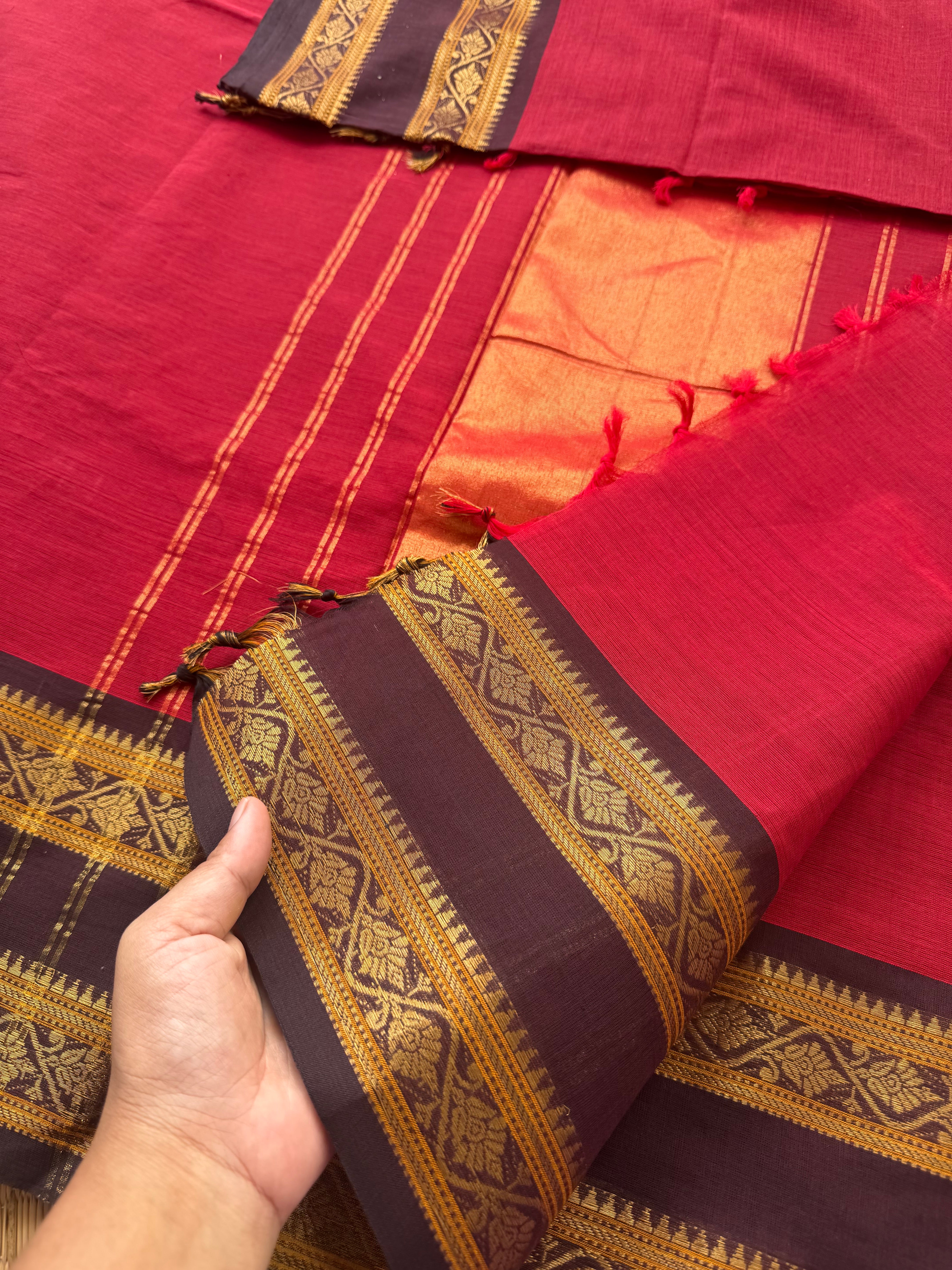 RF149 Reddish maroon with contrast brown Rettapet border Kanchi cotton saree