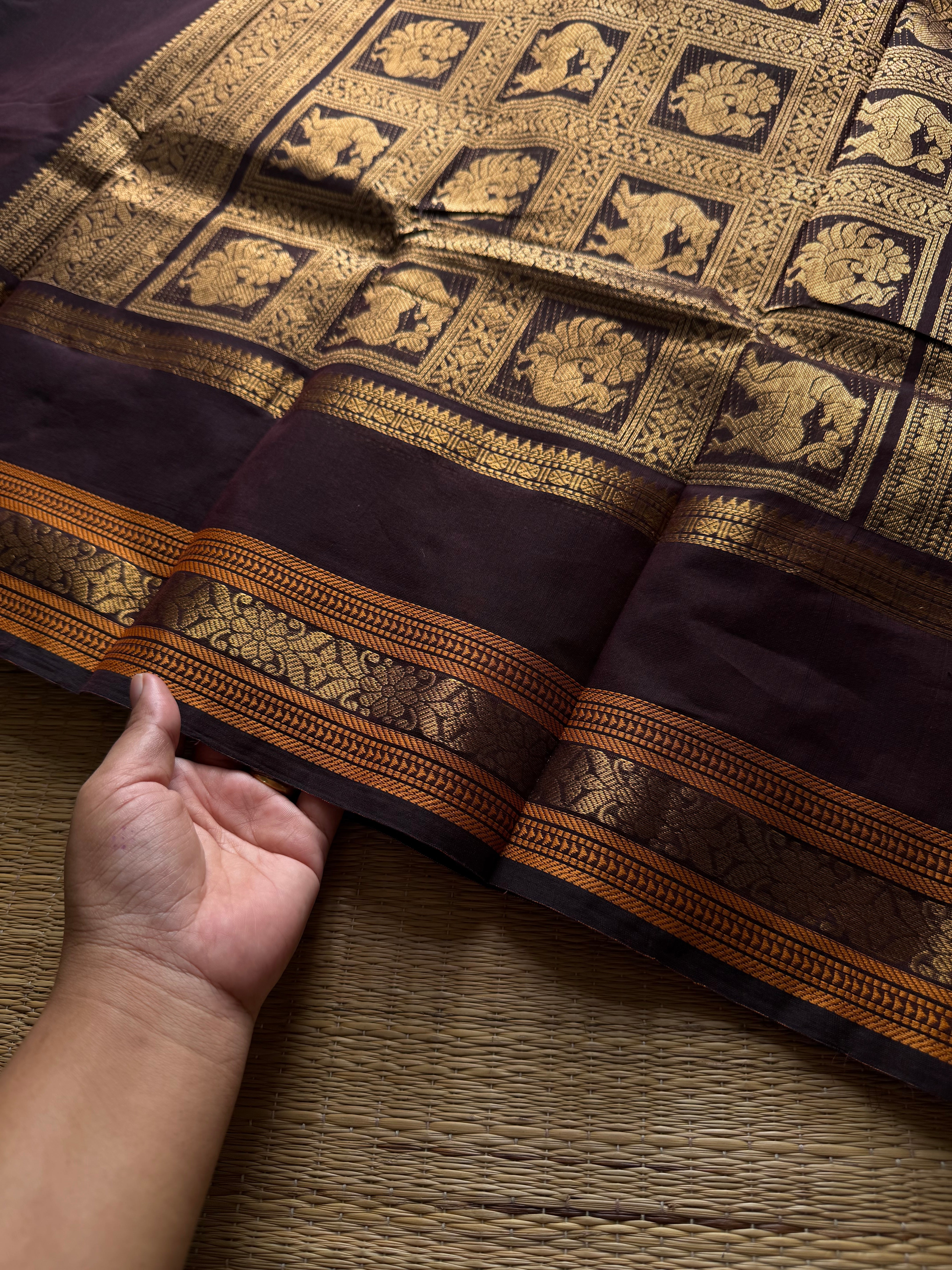 RF827 Premium Rich Pallu Kanchi Cotton Saree ~ Deep Coffee Brown with floral, Annam & Yazhi pattern Zari woven