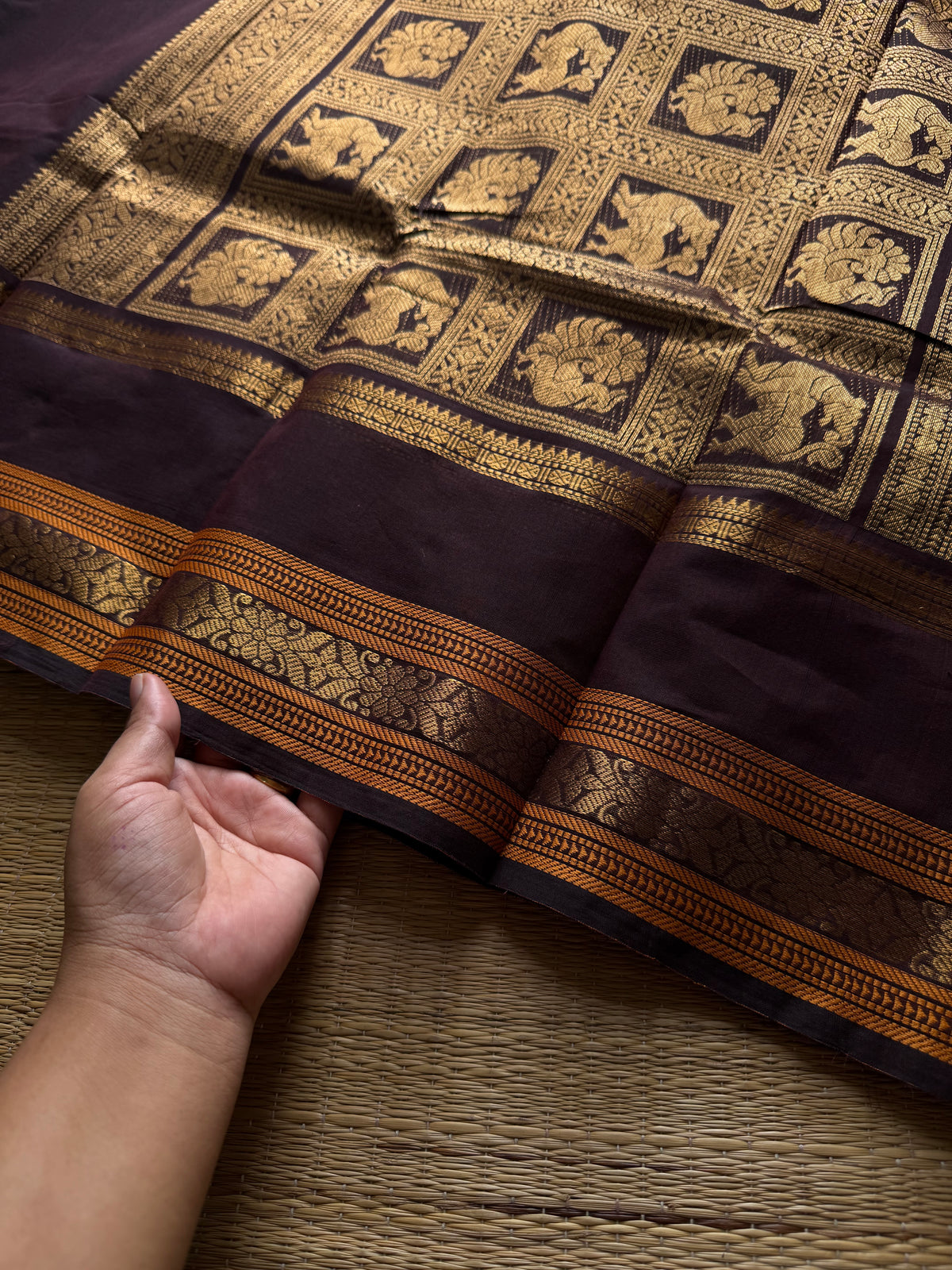 RF827 Premium Rich Pallu Kanchi Cotton Saree ~ Deep Coffee Brown with floral, Annam & Yazhi pattern Zari woven