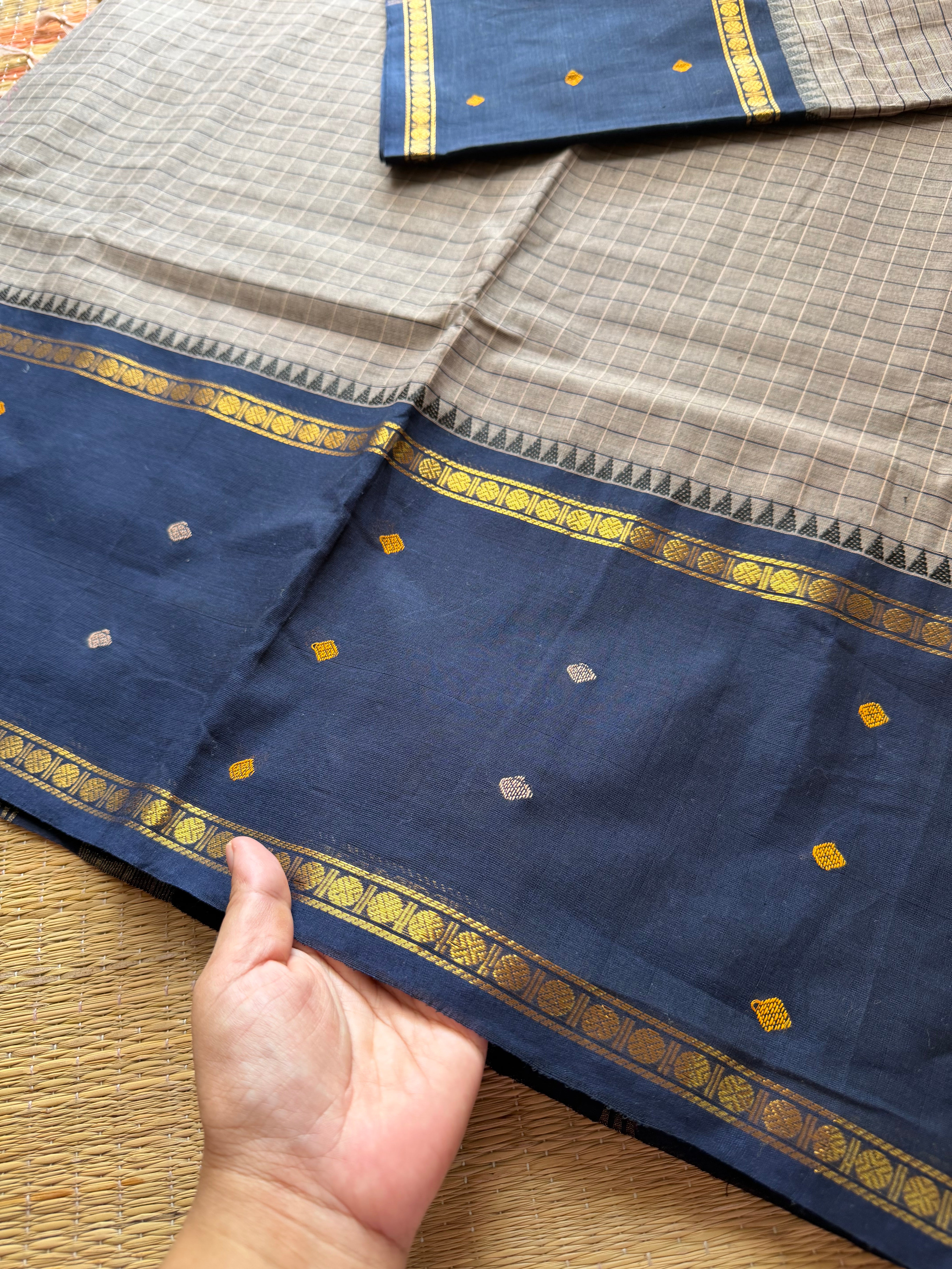 RF515 Grey with navy blue combination Vintage Border Kanchi Cotton Saree with kattam / checks pattern & handwoven Buttas on the border