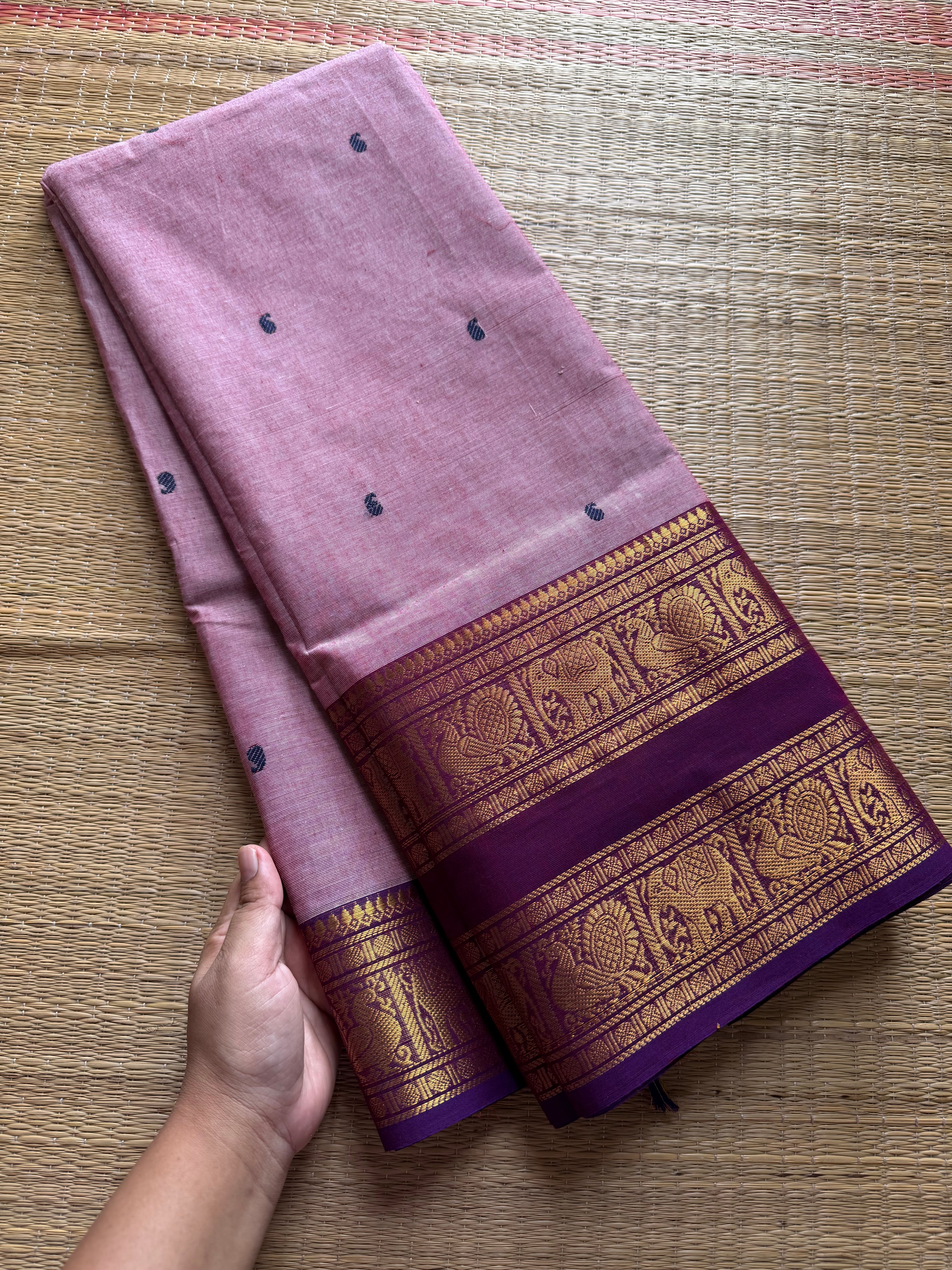 RF495 Pastel pink with purple combination Rettapet border Kanchi cotton saree with handmade thread buttas