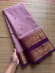 RF495 Pastel pink with purple combination Rettapet border Kanchi cotton saree with handmade thread buttas