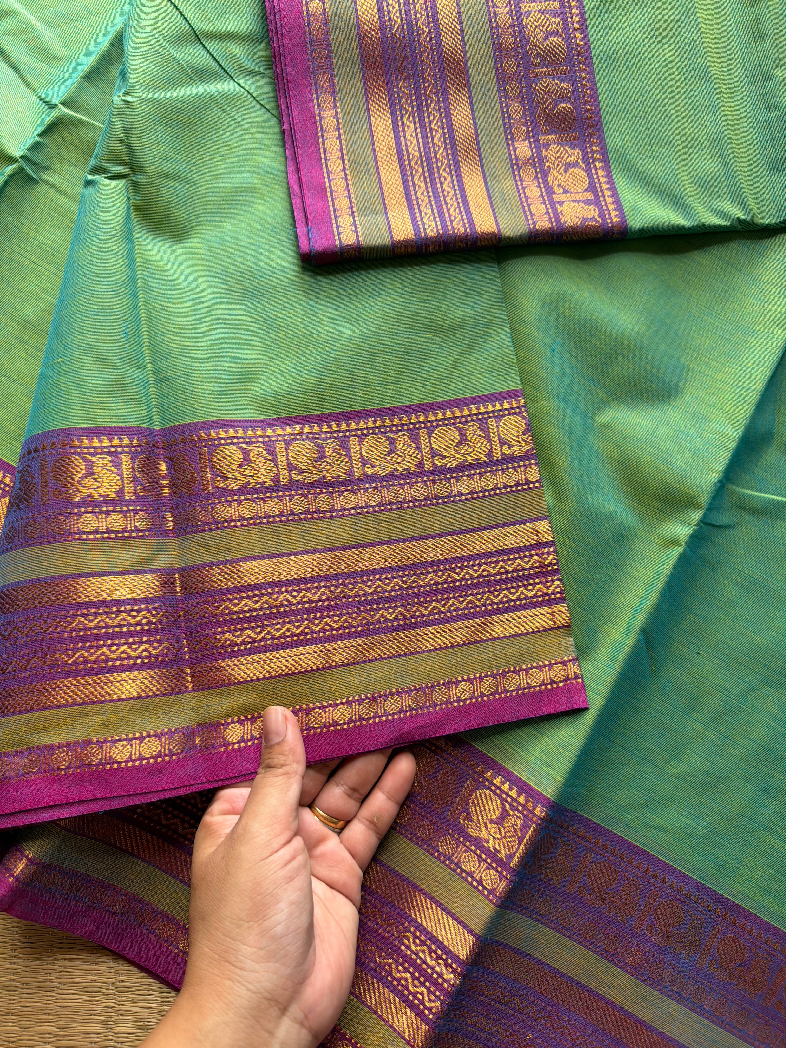 RF503 Dual tone Apple green shade Kanchi cotton saree with silk saree inspired lavender shade Varisaipet  border