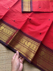 Rustic red shade Podikattam / small checks Kanchi cotton saree with handmade thread buttas