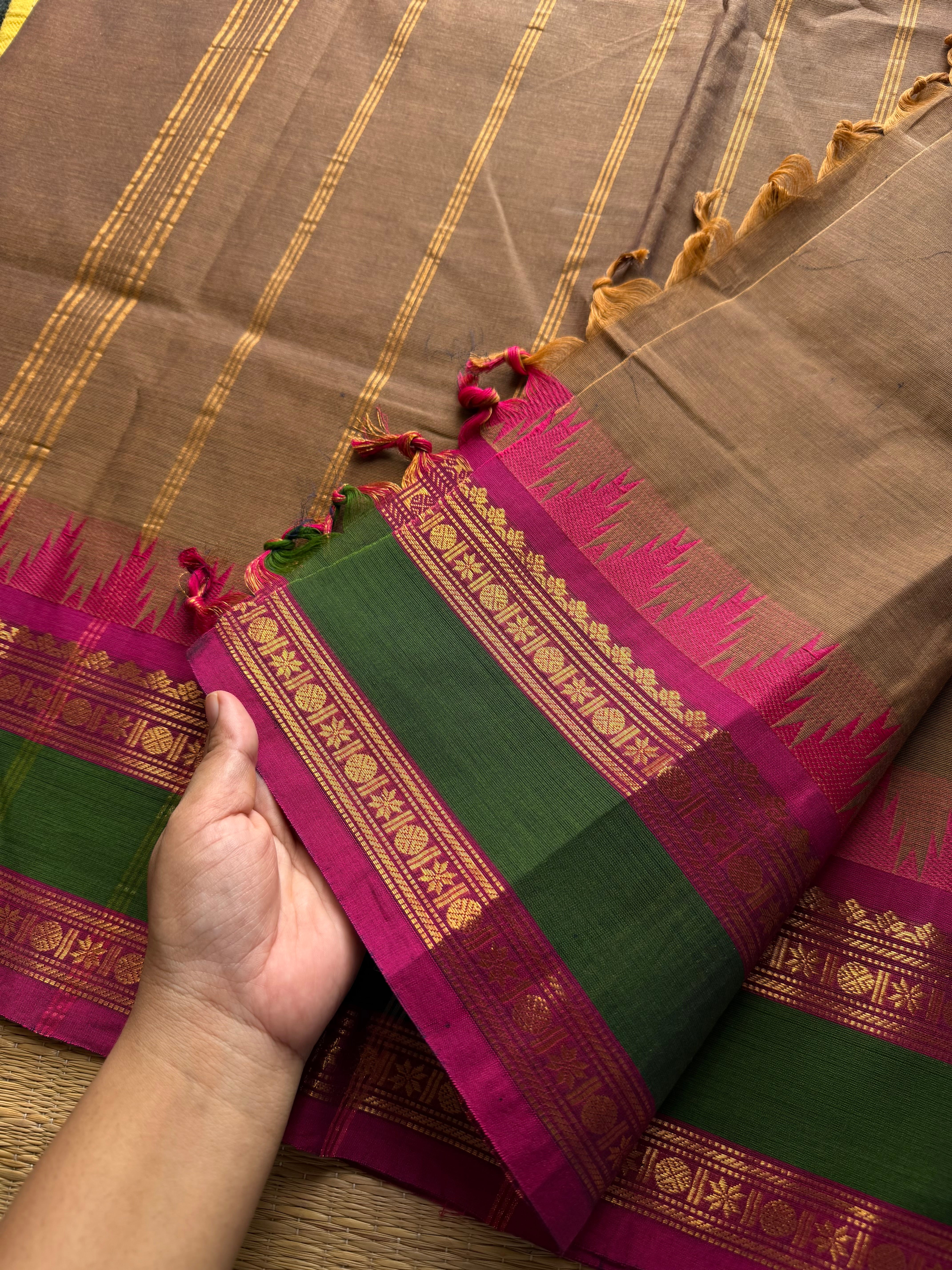 RF539 Dual tone biscuit shade Kanchi cotton saree with contrast Thazhampoo pattern gap border