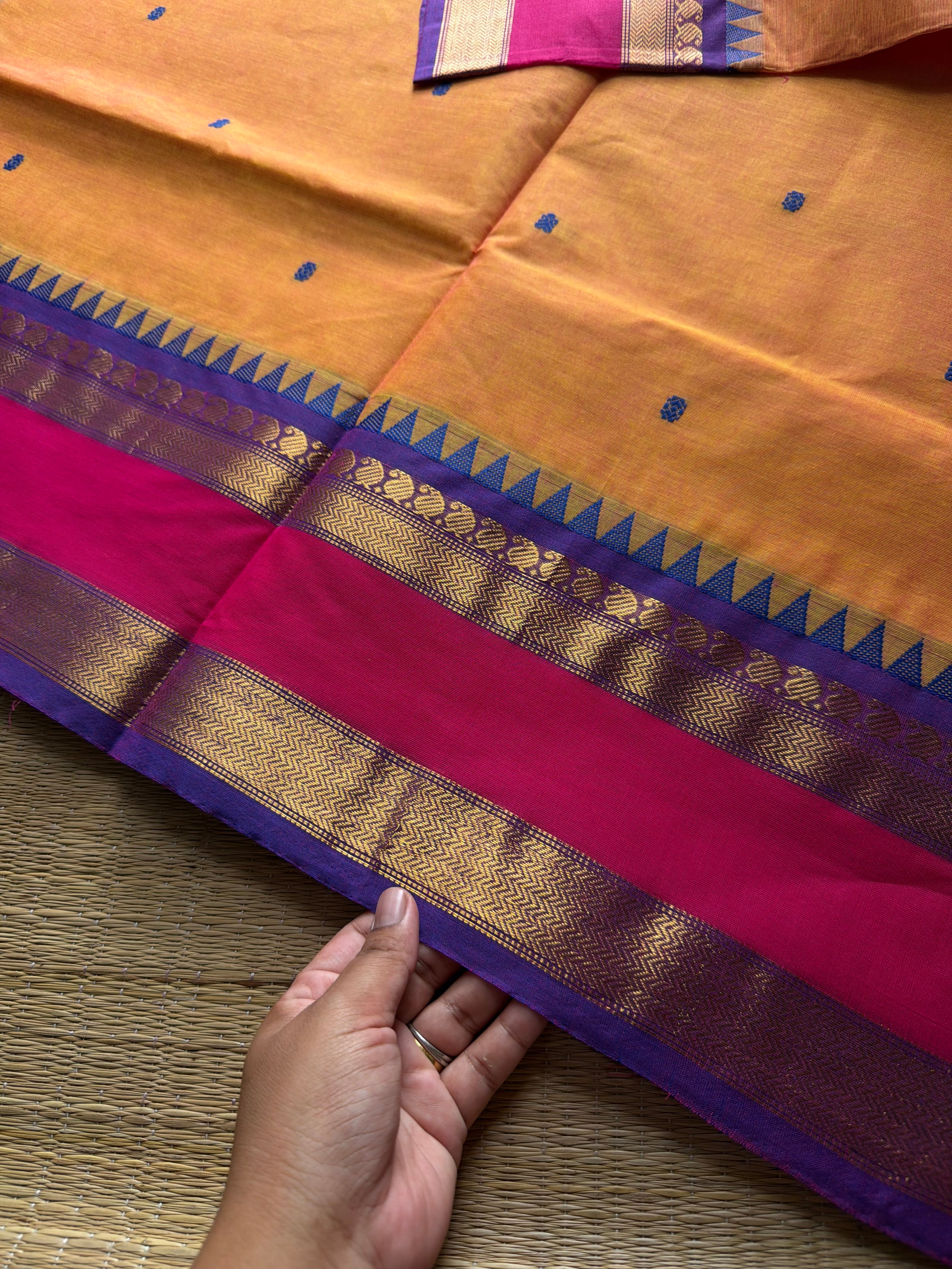 RF903 Mango shade ~ Kanchi cotton saree with handmade thread buttas