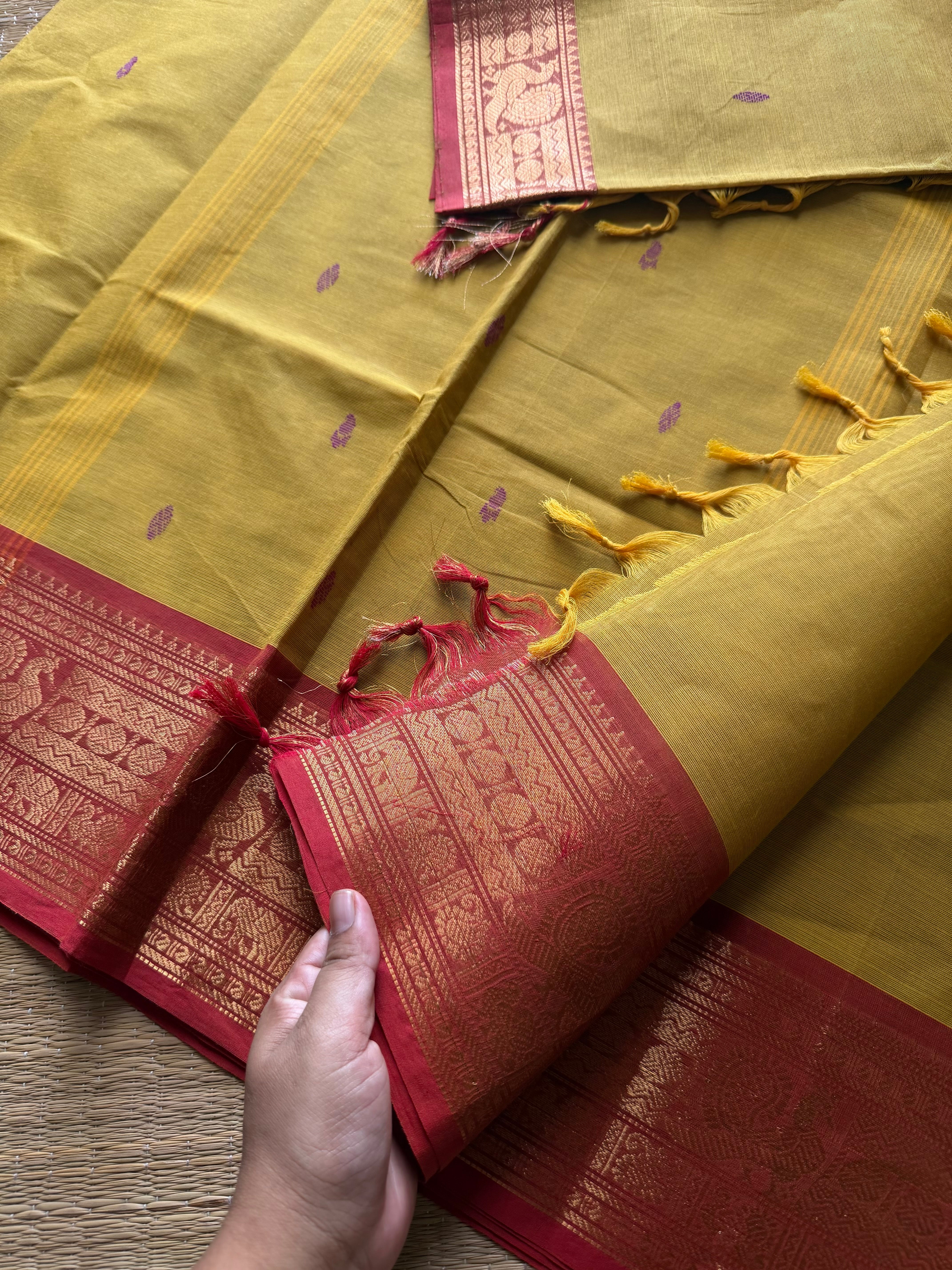 RF653 Mustard yellow with peach shade Kanchi cotton saree with handmade thread buttas