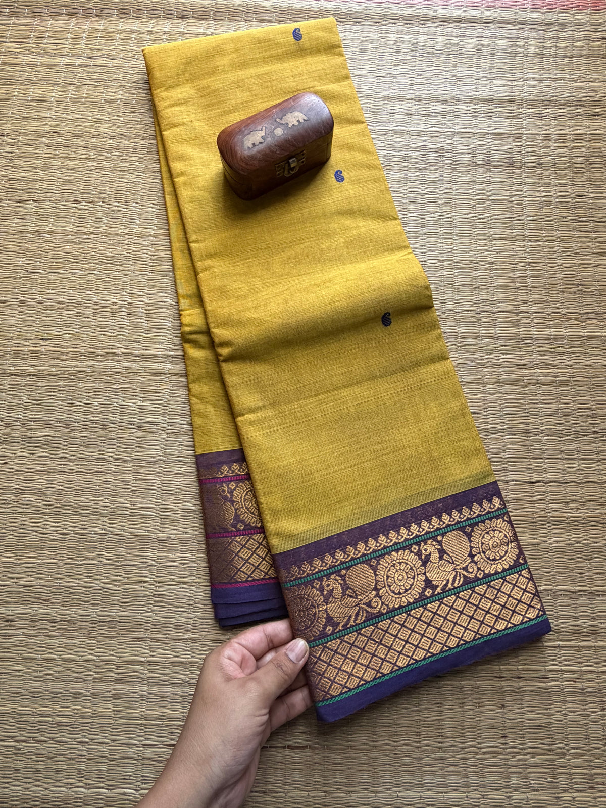 Lemon Yellow With Violet Shade Kanchi Cotton Saree With Handmade Thread Buttas