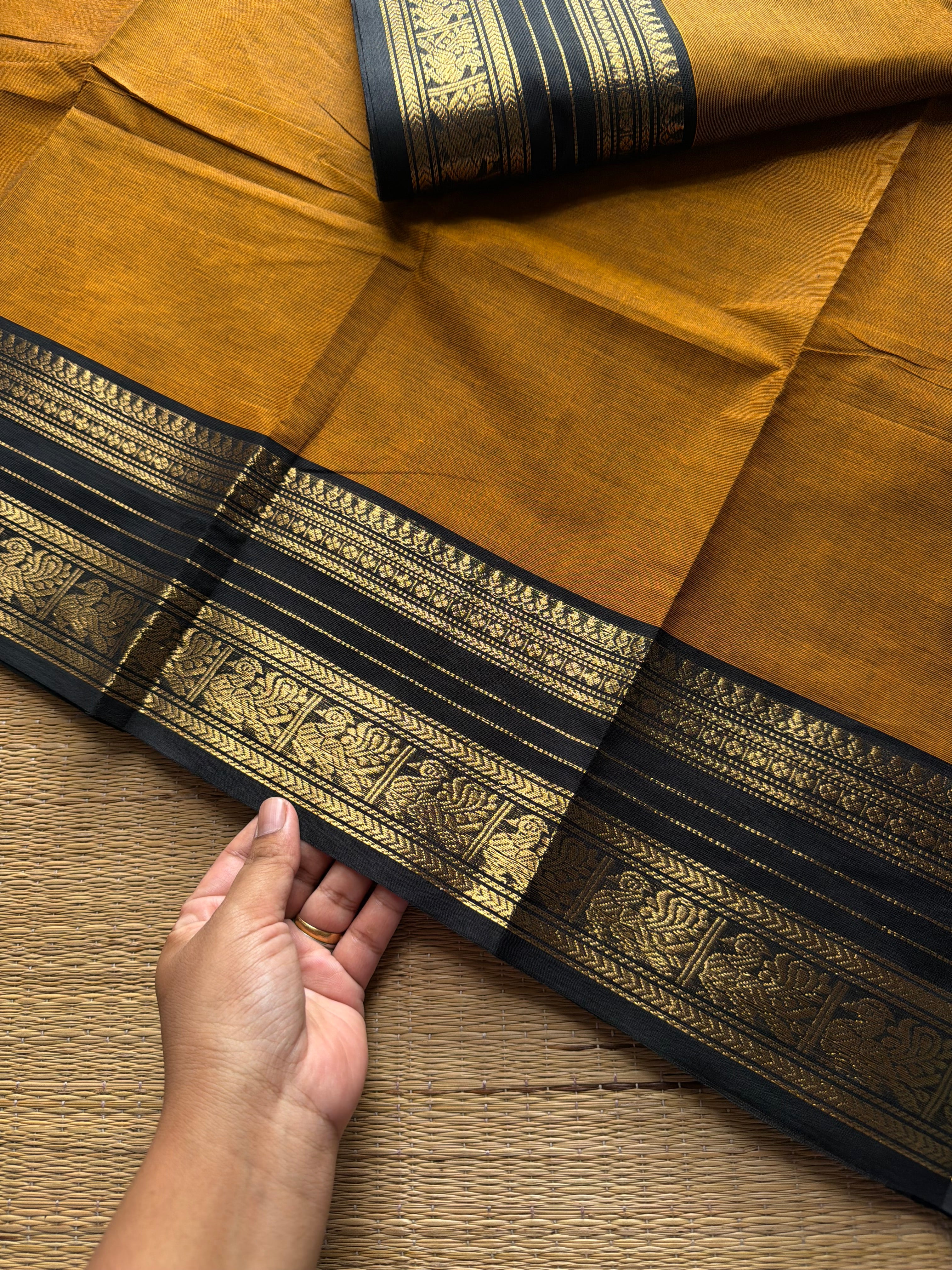 RF955 Mustard with black combination Kanchi cotton saree with medium size border