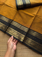 RF955 Mustard with black combination Kanchi cotton saree with medium size border