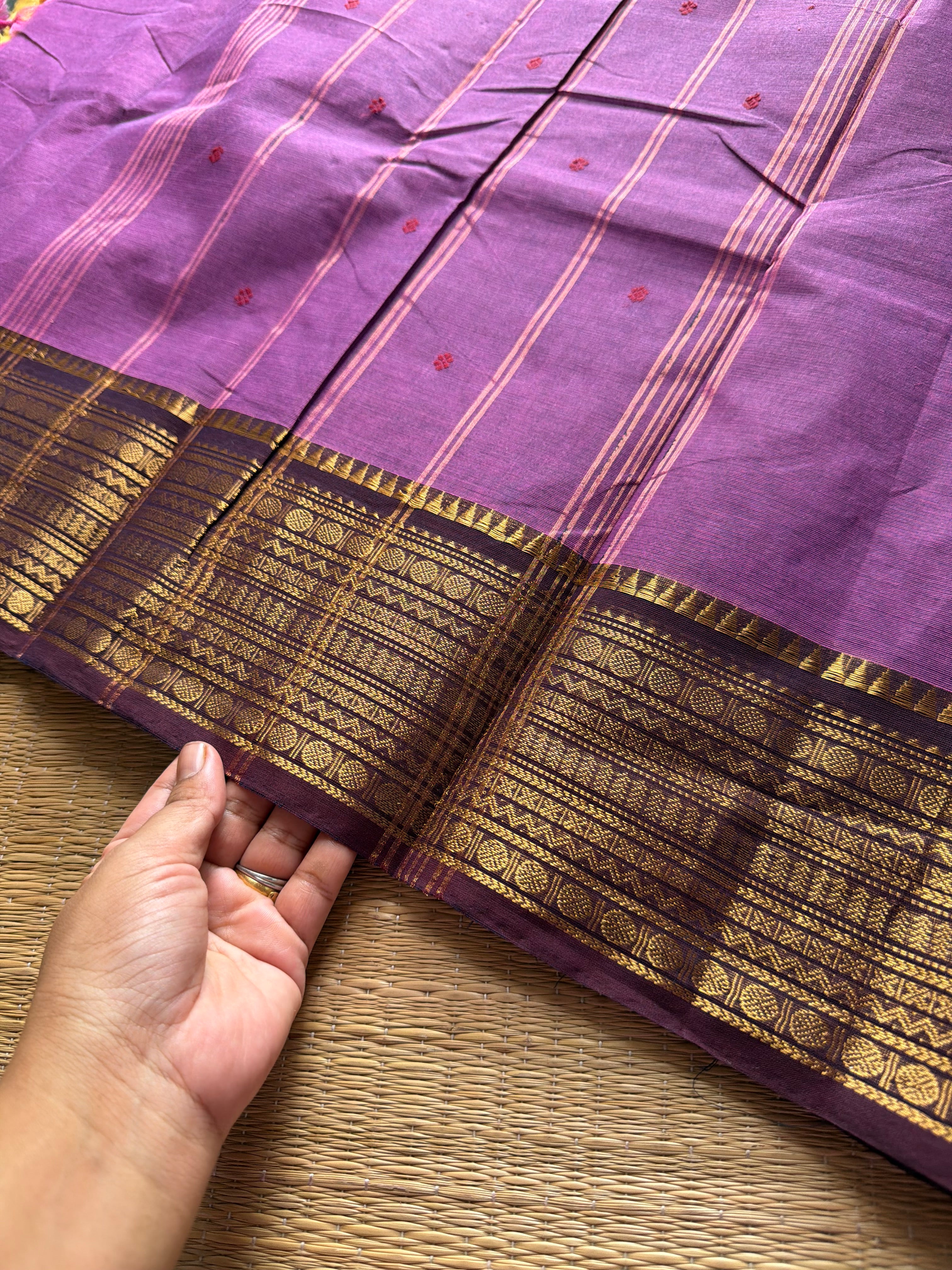RF607 Dark lavender Kanchi cotton saree with contrast brown border and handmade thread buttas