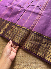 RF607 Dark lavender Kanchi cotton saree with contrast brown border and handmade thread buttas