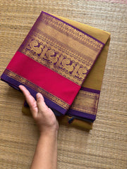 Yellow and green mixed shade Kanchi cotton saree with big Zari border