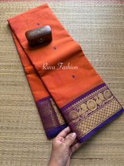 RF53 Dual tone Orange Kanchi Cotton Saree with contrast purple shade Annam border With Handmade Thread Buttas