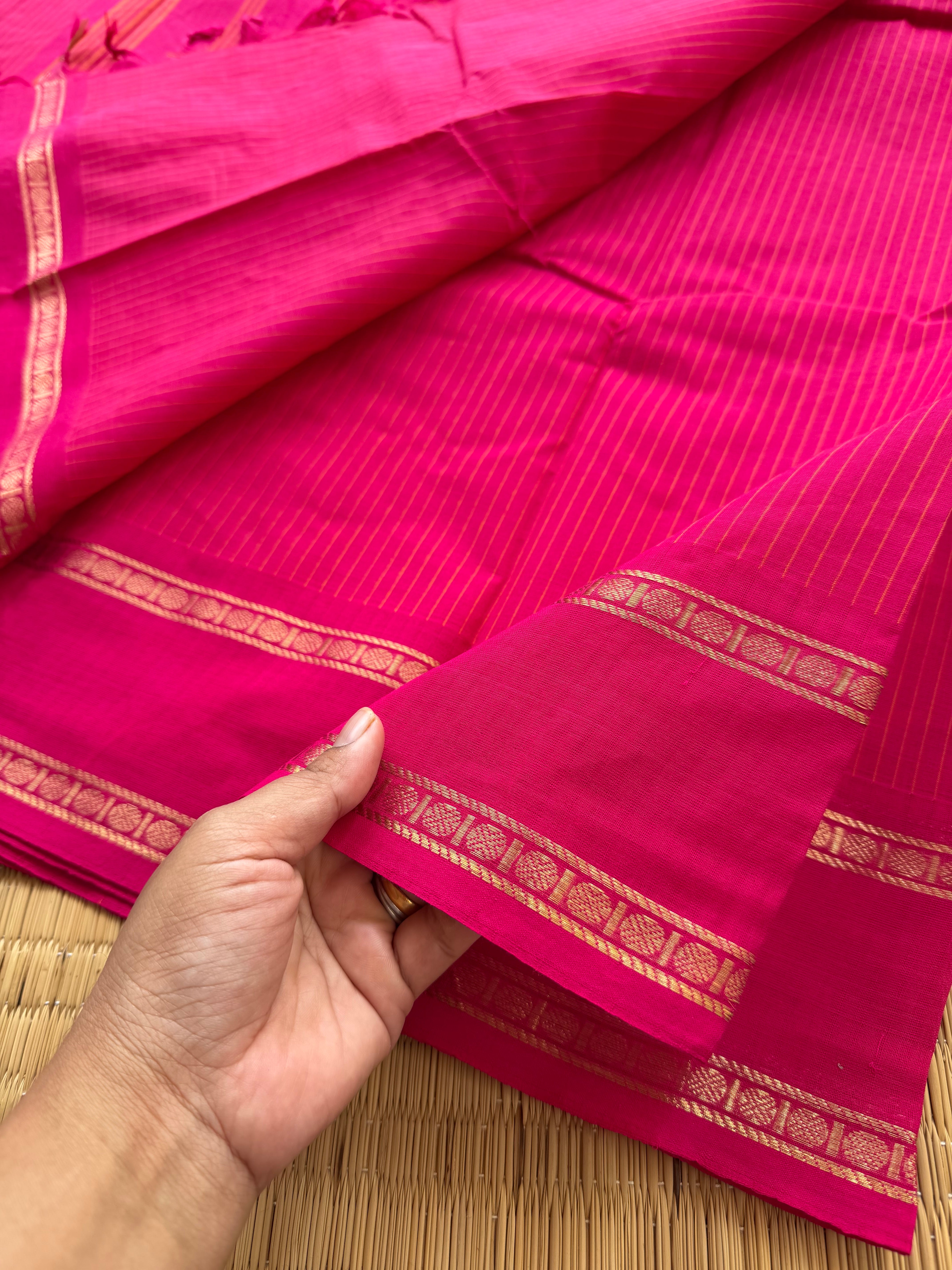 RF177 Monotone Pink Kanchi cotton saree with Korvai Vaira Oosi thread vertical lines pattern with vintage Rettapet Zari border