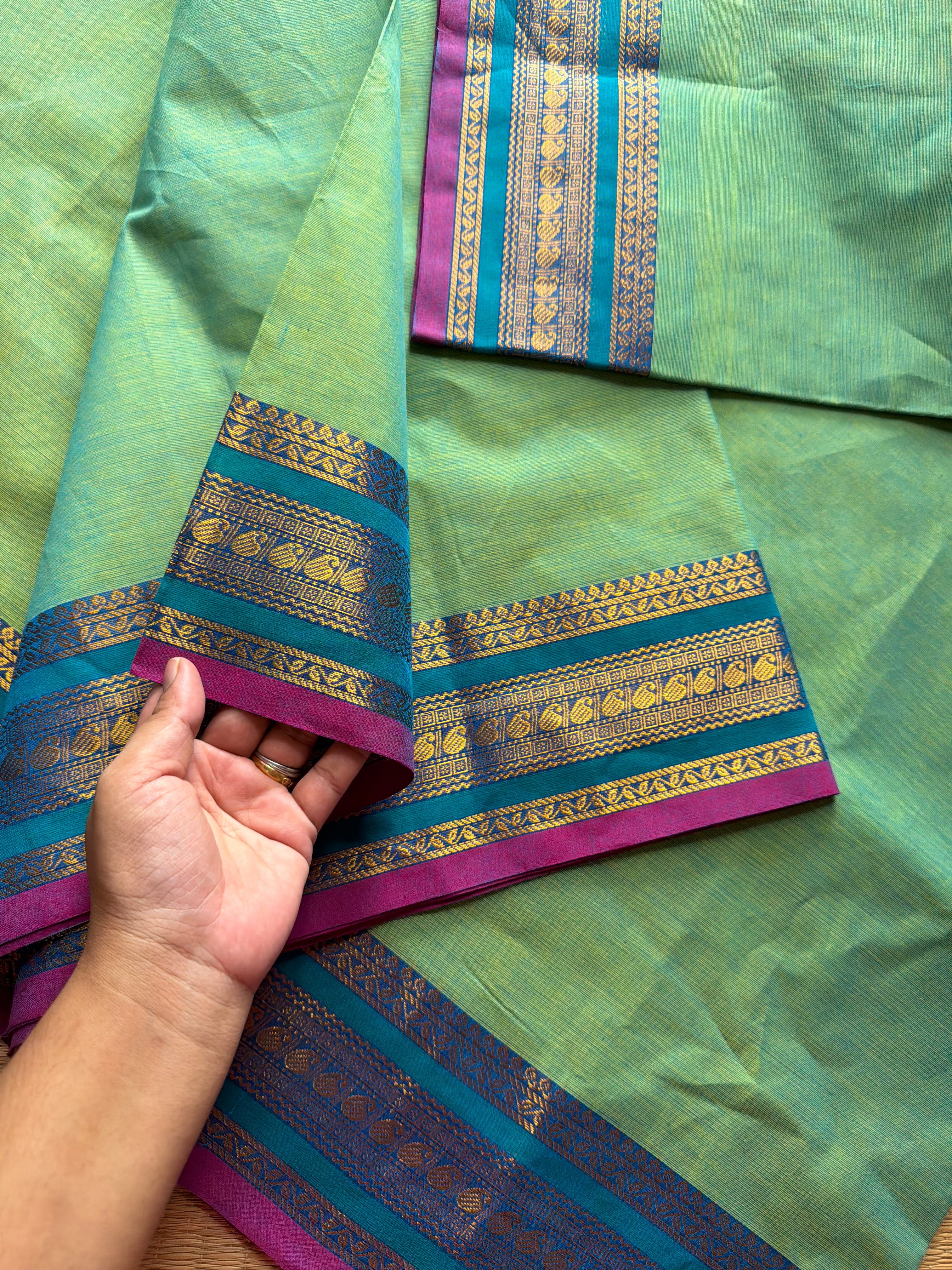 RF626 Dual tone Apple green shade Kanchi cotton saree with small contrast manage sari border
