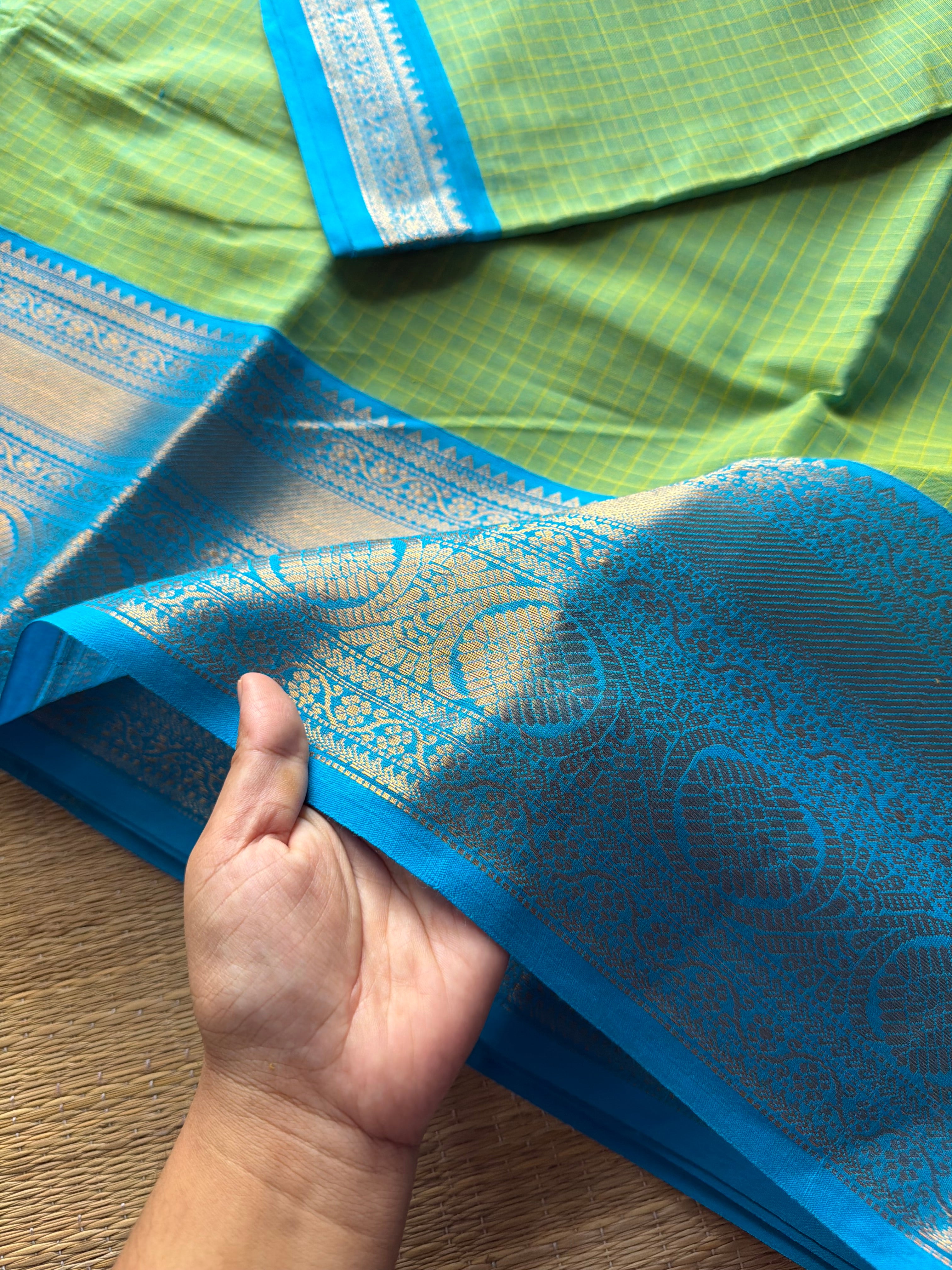 RF724 Dual tone Apple green shade kanchi cotton saree with checks / Kattam pattern
